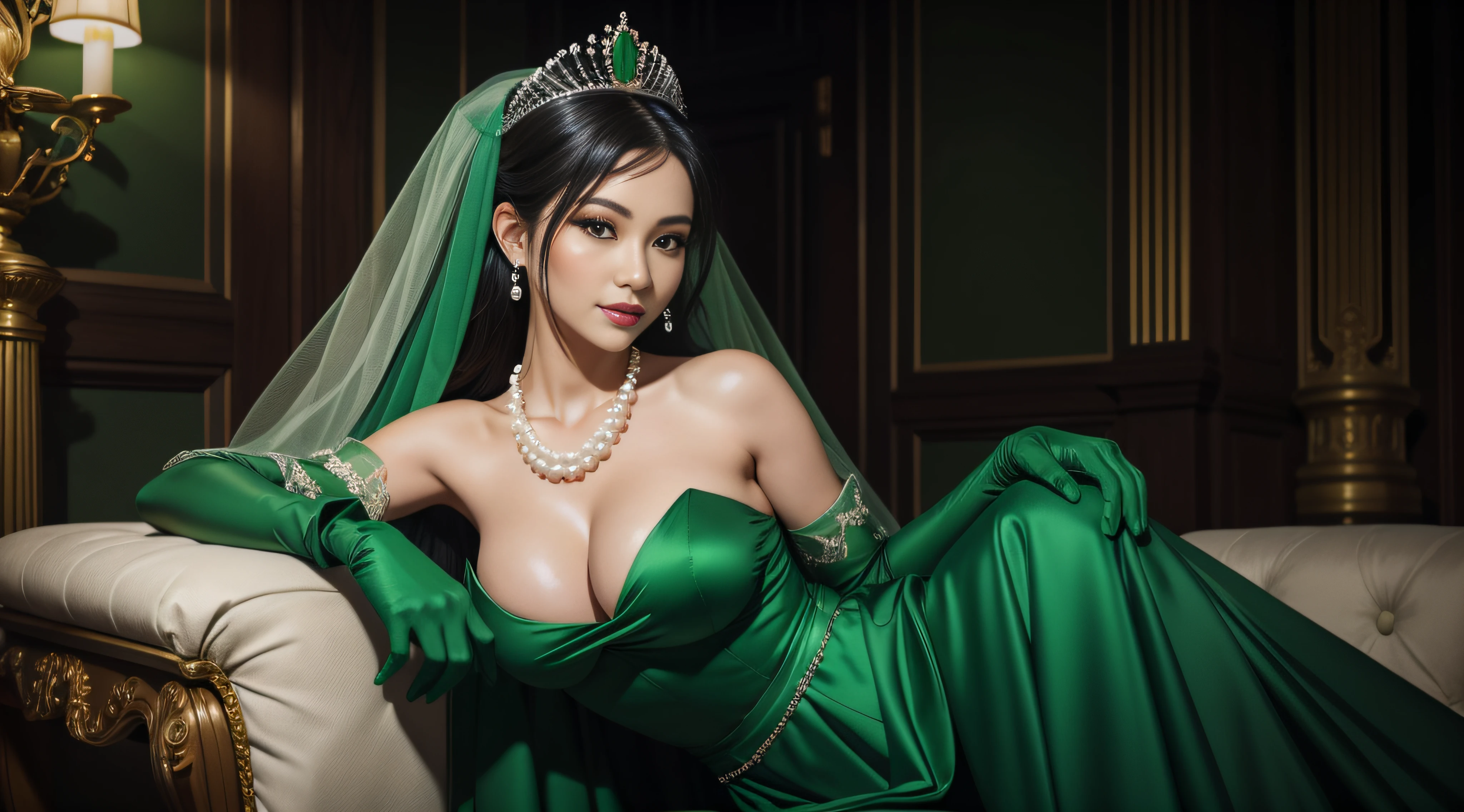 Green Dress Flower Cleanser,Sense of atmosphere, best qualtiy,tmasterpiece,1girll,30-years old,Green dress,Daytime Church,full body Esbian, Green gloves,With short black hair,big breasts beautiful,looking at viewert,ssmile,Green Bridal Veil,Green Long Grove,Satin green long gloves, lipsticks, Pearl Necklace、Green gloves, emerald tiara, sitting in the chair, A Japanese Lady