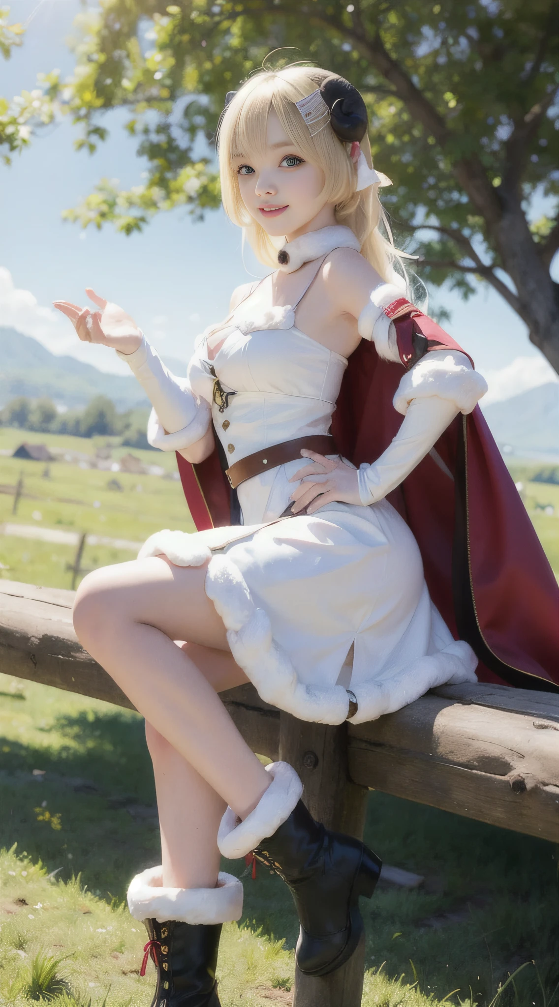 Tsunomaki Watame, long hair, WatameBase, fur-trimmed dress, white dress, bare shoulders, fur-trimmed sleeves, hairclip, cape, belt pouch, brooch, fur-trimmed boots, hands on hips, hill, plains, green, nature, smile, looking at viewer, sitting