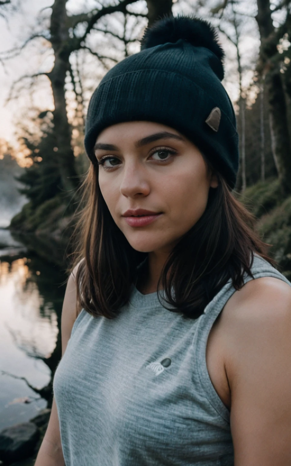 photoreallistic, Best quality, Ultra - detailed, beautiful woman, side face,Back shadow,Selfie Photos, Haut du corps, seulement, Porter un pull, dehors, (Nuit), montagnes, Nature in real life, stars, lune, (gros seins joyeux, cheerfulness), sac de couchage, Mitaines, chandail, Beanie, torche, woods, Roches, river, Bois, smoke, heavy fog, clear sky, Style analogique, Voir la visionneuse, texture de la peau, filmgrain, Gros plan, ultra-high-resolution, Meilleure ombre, primitif, instagram LUT
