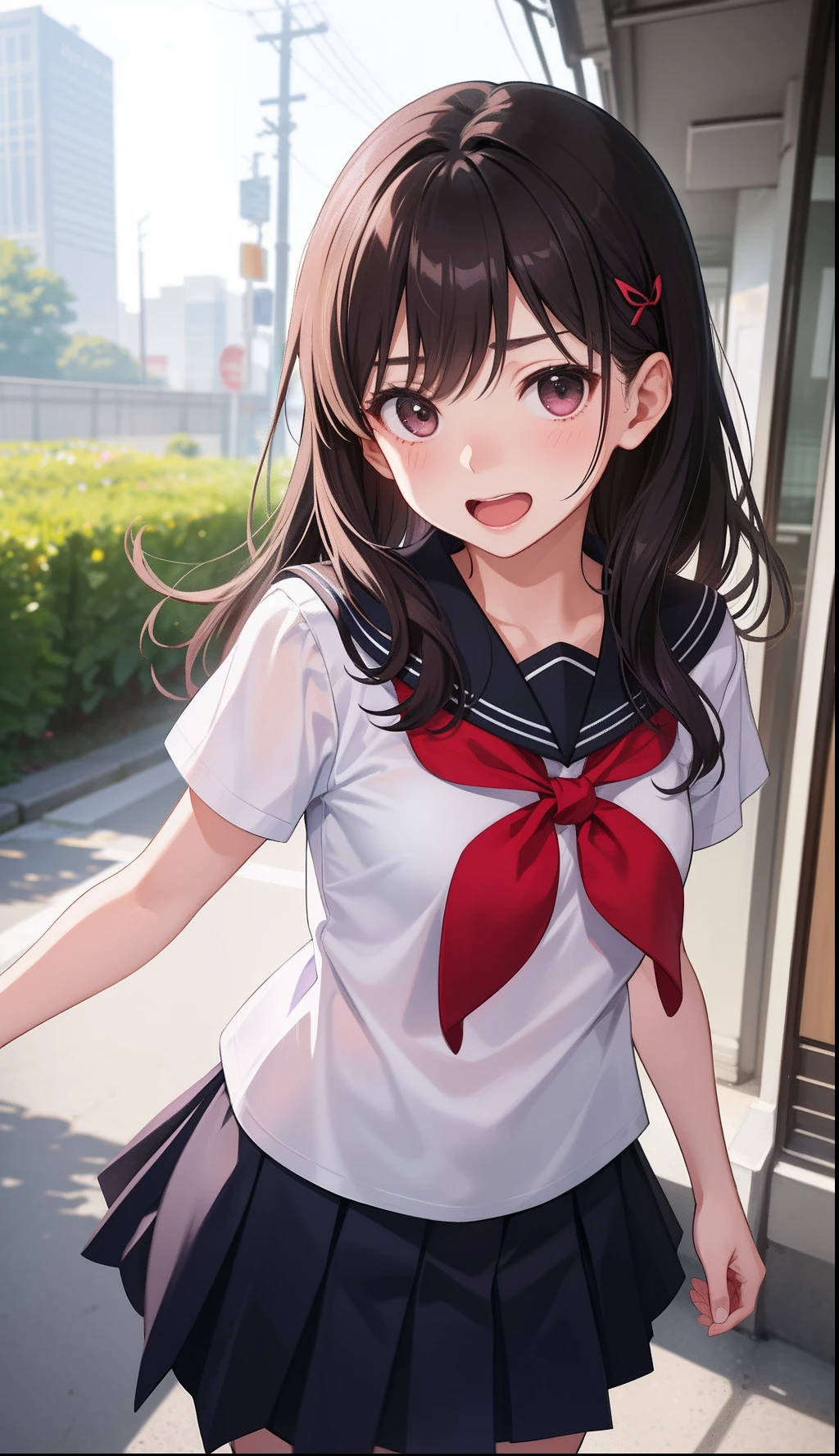 1girl in、AS-Adult、The shirt、skirt by the、（small tits）Chilarism、Japan High School Student Uniform、serafuku、summer clothing、（Sheer Bra）、Upper body portrait、open open mouth、Laughing、