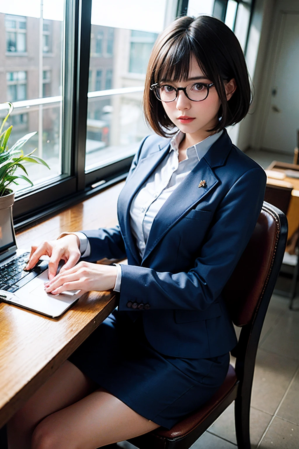超A high resolution,masutepiece,Best Quality,Perfect Lighting,Detailed Lighting,Dramatic shadows,Ray tracing,
1girl in,Glasses,Blue Suit,Office Lady,Black Pencil Skirt,torn legwear,
Cowboy Shot,Indoors,Office,White table,potted plant,window,Sunlight,monitors,keyboard \(a computer\),Short hair,Parted bangs,
