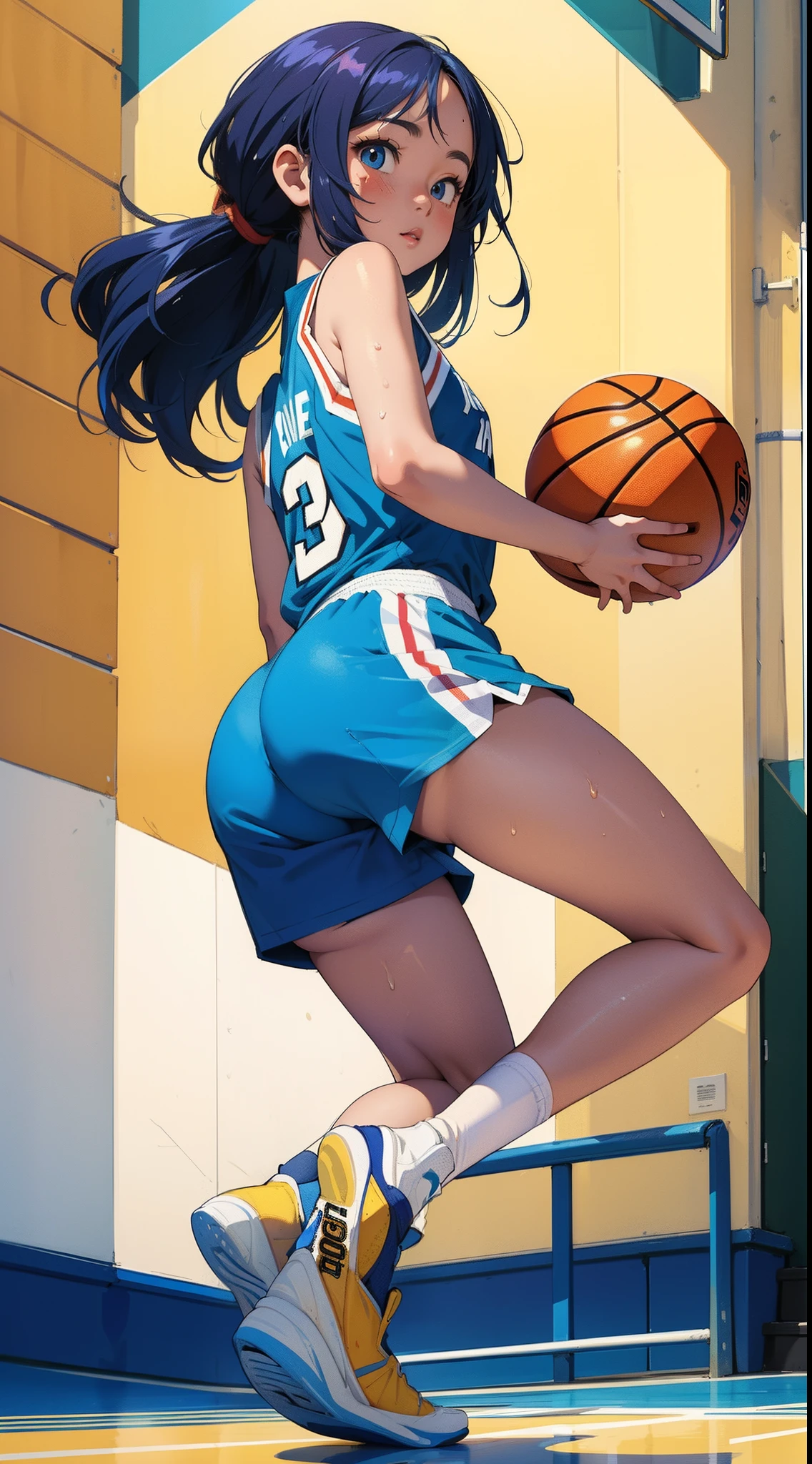 masterpiece,ultra-detailed,ultra quality, illustration, ,simple eyes, beauty face, cute face, colorful hair, 1girl,smile,basketball player,basketball uniform,(sideboob:1.3),(basketball court),sweaty skin,(full body),(jump:1.3),parfect anatomy,from behind,(Uplifting)