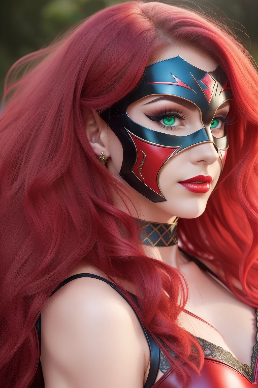 A closeup portrait of a beautiful woman wearing a hero mask, fetish, wrestling mask, green eyes, red lipstick, red hair