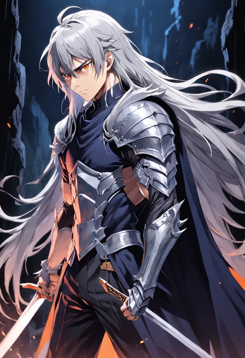 1 man, 17 years old, muscular, 1.65 height, long gray hair with white streaks, unique hair style different from others, orange eyes, cape, berserk armor, dark clothes, sword slays dragons
