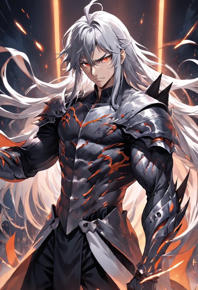 1 man, , muscular, 1.65 height, long gray hair with white streaks, unique hair style different from others, orange eyes, cape, berserk armor, dark clothes, sword slays dragons