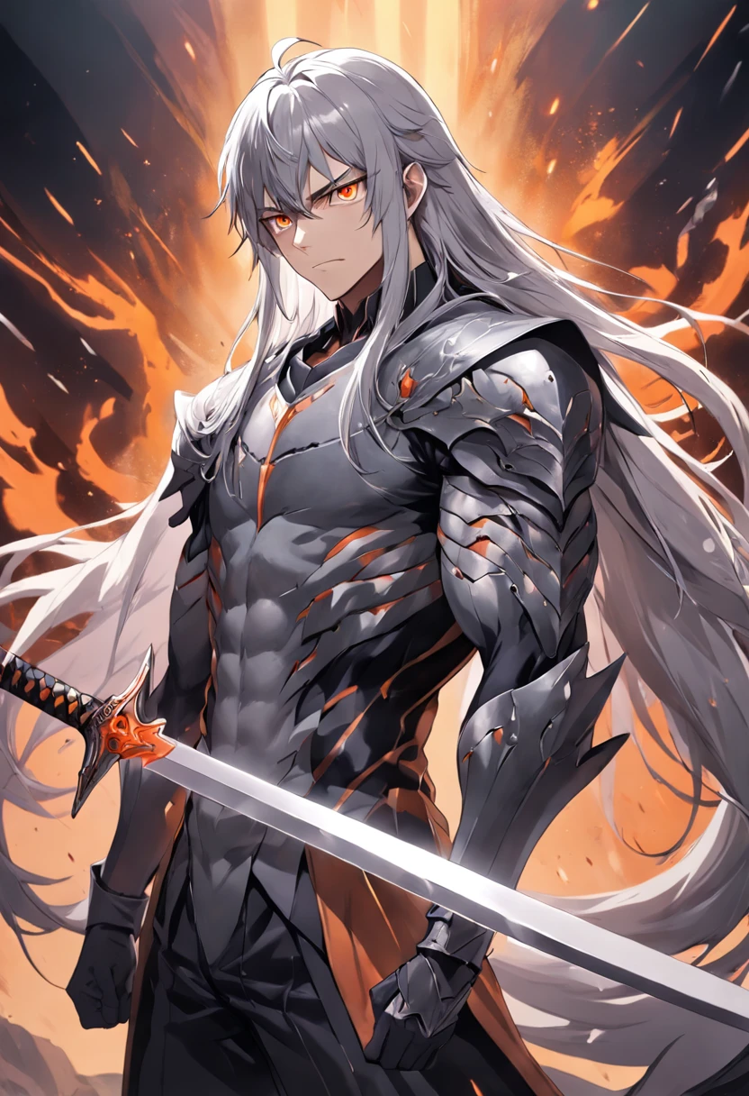 1 man, , muscular, 1.65 height, long gray hair with white streaks, unique hair style different from others, orange eyes, cape, berserk armor, dark clothes, sword slays dragons