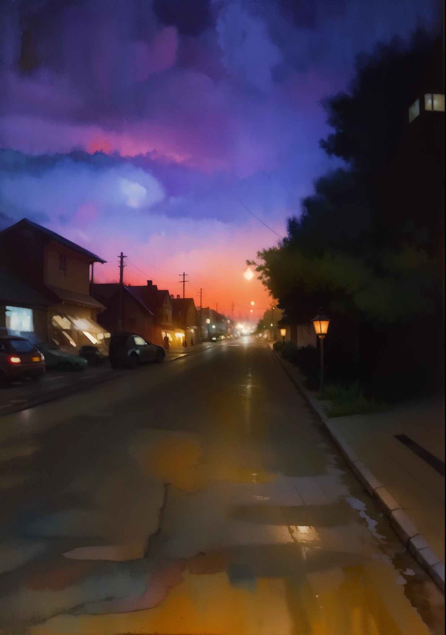 "A street in a nightfall with many lights and cars, neo-impressionism expressionist style watercolor painting, smooth post-impressionist impasto acrylic painting, watercolor painting