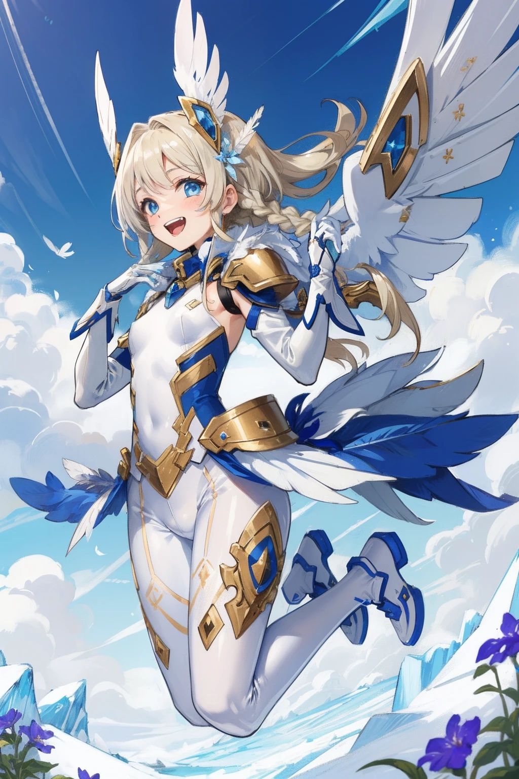 (master piece, Best Quality), Intricate details, valkyrie, kawaii, Happy, (((Laugh))), Villainous smile, Hand up, Looking at Viewer, Feather Headgear, Flower meadow, (((flat breast))) in to the sky, jumping
1 girl in, Solo, Portrait, Plutinum Blonde Hair, drooping iceblue eyes, Silver Single Thigh, White Independent Single Sleeve, iceblue gloves, Single braid,
mecha musume, White bodysuit, Silver Reinforced Suit, Mini Feather Wings, iceblue pantyhose, full armor, flower decoration, equip sword,