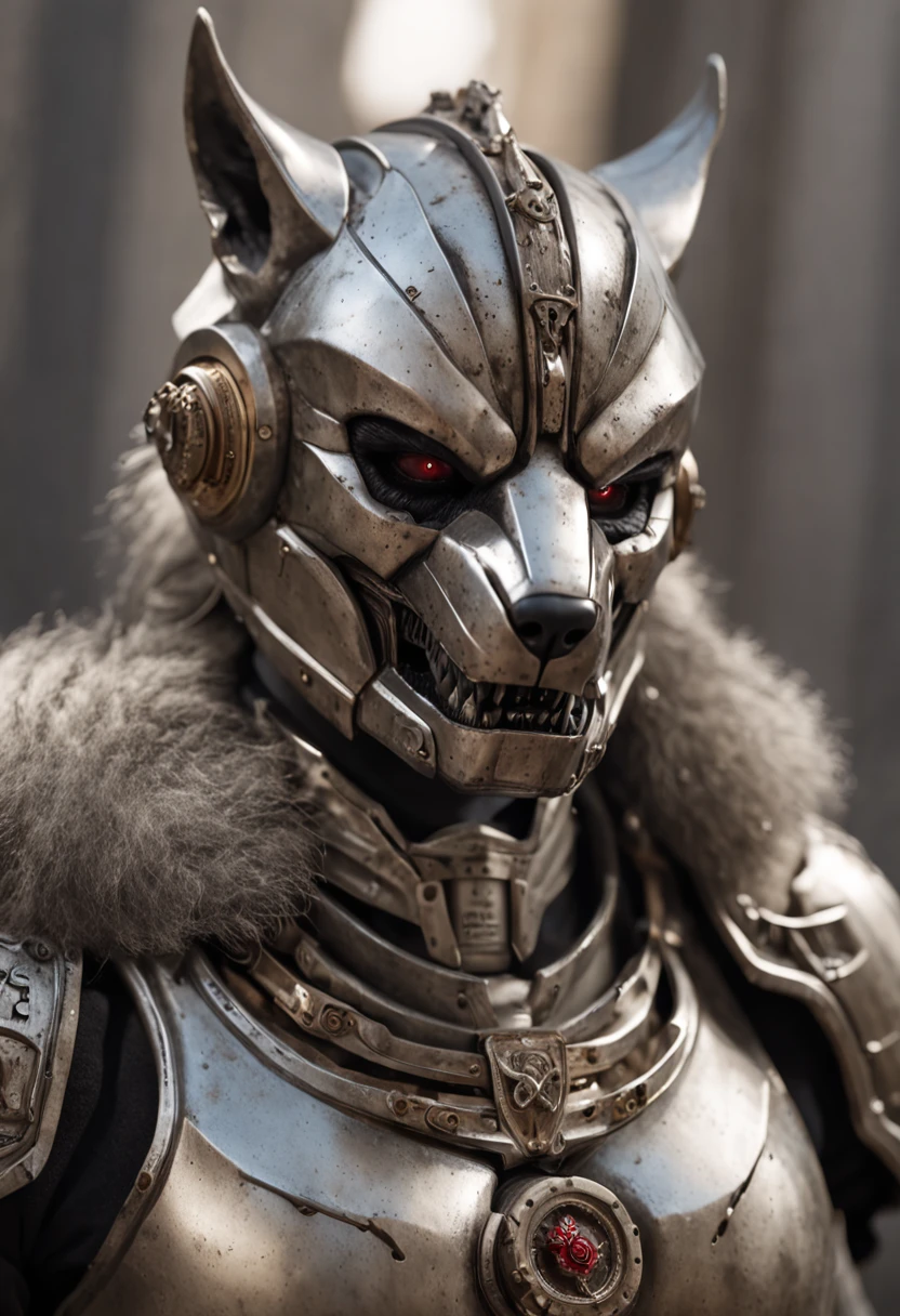 maximum quality, dramatic lighting, menacing pose, fierce expression, epic atmosphere, (((wolf head shaped helmet))), (((tiro de corpo inteiro))),um lobisomem feito de metal, ciborgue, estilo cyberpunk, mechnical, ((detalhes intrincados)), HDR, ((detalhes intrincados, hiper detalhado)), incandescent bulbs, Cinematic Shot, vinheta, bokeh efeito beckground, (Caninos), (tiro de corpo inteiro).
