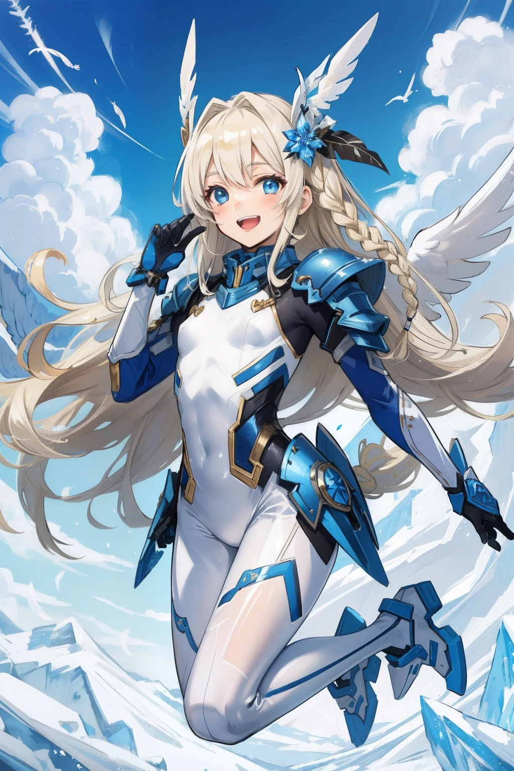 (​master piece, Best Quality),  Intricate details, valkyrie, kawaii, Happy, (((Laugh))), Villainous smile, Hand up, Looking at Viewer, Feather Headgear, Flower meadow, (((flat breast)))  in to the sky, jumping
1 girl in, Solo, Portrait, Plutinum Blonde Hair, drooping iceblue eyes, Silver Single Thigh, White Independent Single Sleeve, iceblue gloves, Single braid, 
 mecha musume, White bodysuit, Silver Reinforced Suit, Mini Feather Wings, iceblue pantyhose, full armor, flower decoration, equip sword,