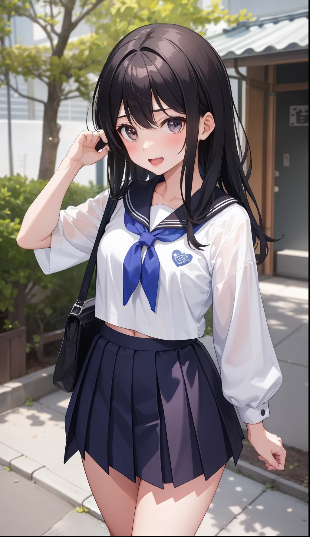 1girl in、AS-Adult、The shirt、skirt by the、(small tits)Chilarism、Japan High School Student Uniform、serafuku、summer clothing、(Sheer Bra)、Upper body portrait、open open mouth、Laughing、
