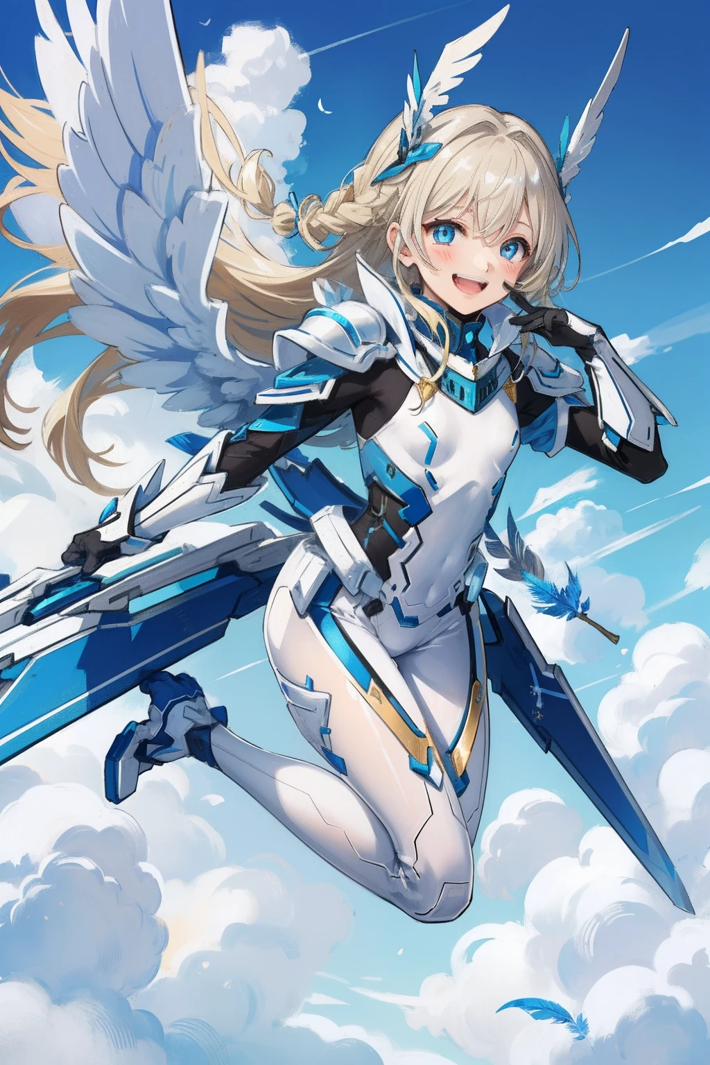 (master piece, Best Quality), Intricate details, valkyrie, kawaii, Happy, (((Laugh))), Villainous smile, Hand up, Looking at Viewer, Feather Headgear, Flower meadow, (((flat breast))) in to the sky, jumping
1 girl in, Solo, Portrait, Plutinum Blonde Hair, drooping iceblue eyes, Silver Single Thigh, White Independent Single Sleeve, iceblue gloves, Single braid,
mecha musume, White bodysuit, Silver Reinforced Suit, Mini Feather Wings, iceblue pantyhose, full armor, flower decoration, equip sword,