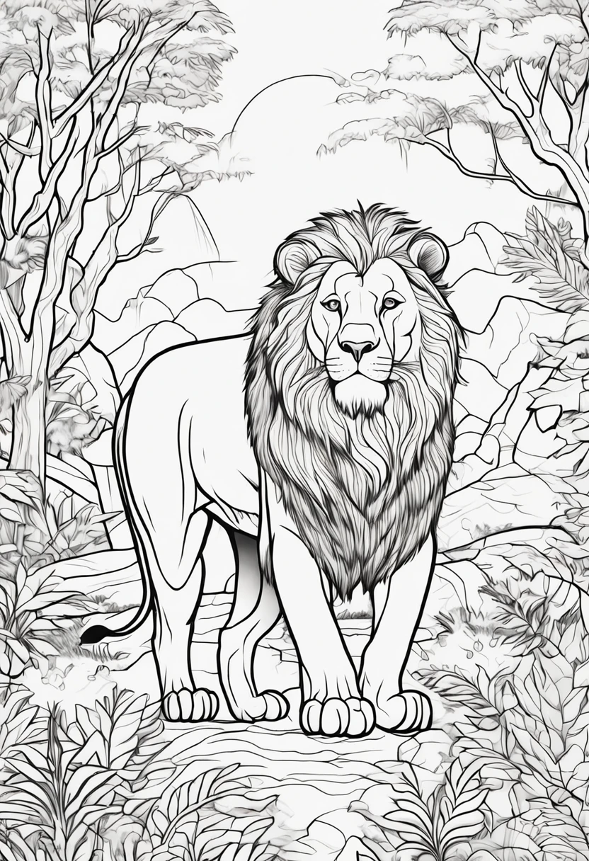 coloring book of a lion in the forest, cartoon style, thick lines, no color, white background , strokes only