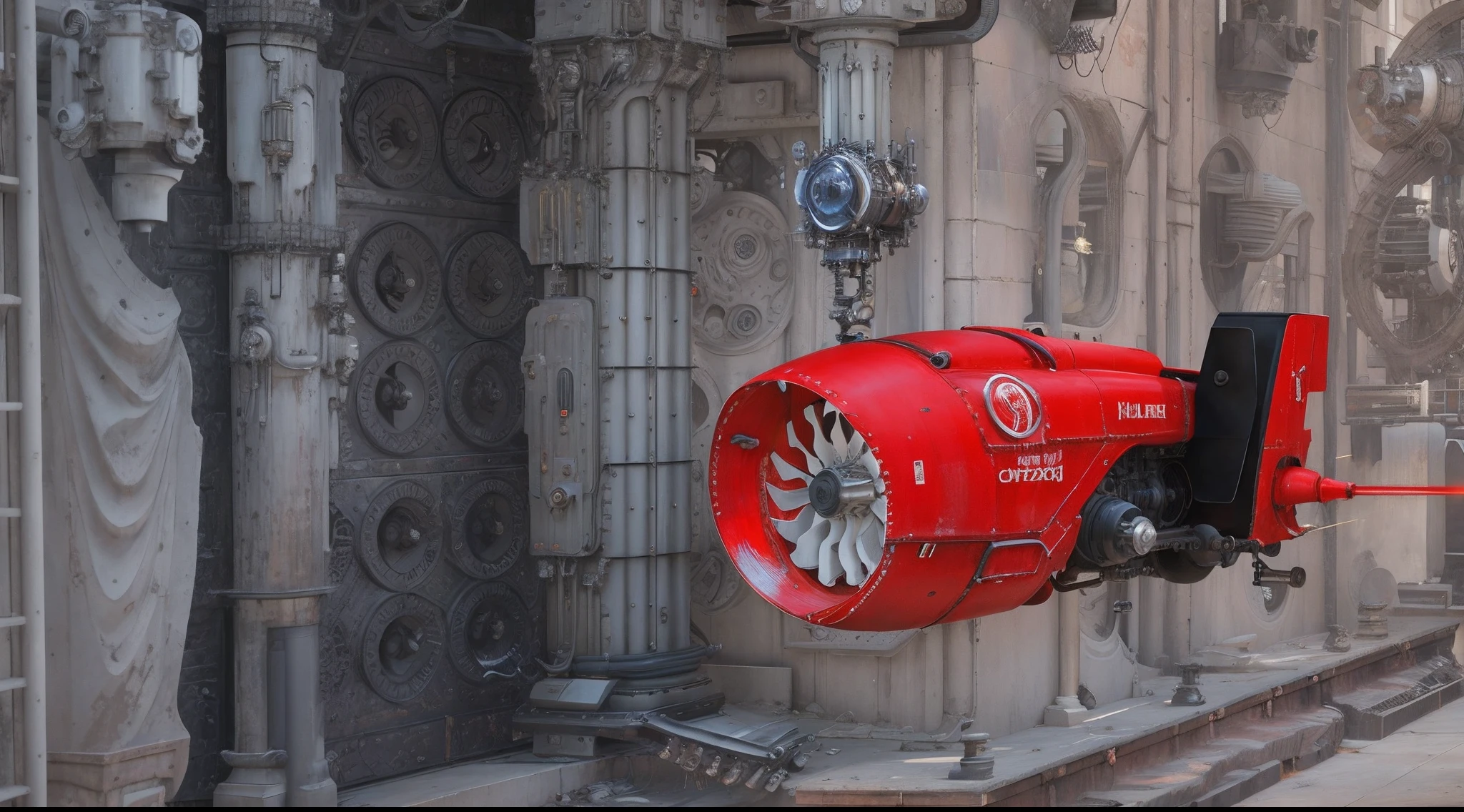 there is a red flying bike next to a wall in front of a building, raygun gothic style, huge jet rocket engine backpack, re engine render, jet turbine, raygun gothic, thrusters, red mechanical body, with cry engine, quake engine, prop design, amplified ritual engine, realistic engine, fuming effigy, giant mechanical rose, man engine (Masterpiece - Illustrations - Detailed - Best Quality))