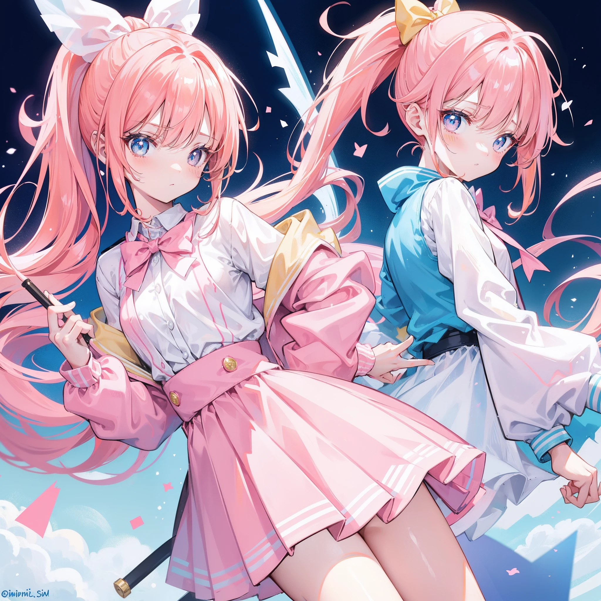 Long light orange hair,Pink bow,Fairy braids,Short pink hair with a sense of transparency in nurse's uniform,Wearing a milky white ultra-light pink school uniform,Light pink pupils,Super cute sweet girl pink yellow hair,High ponytail,Jacket school uniform,Slim waist, Flat chest,Sweet cute girl with slightly blue hands,White figure eight bangs,Fairies in soft clothes flutter blue and white yarn,She is a fairy-like sword cultivator girl with pink and yellow hair,High ponytail,Jacket school uniform,Slim waist, Flat chest,Sweet and cute girl