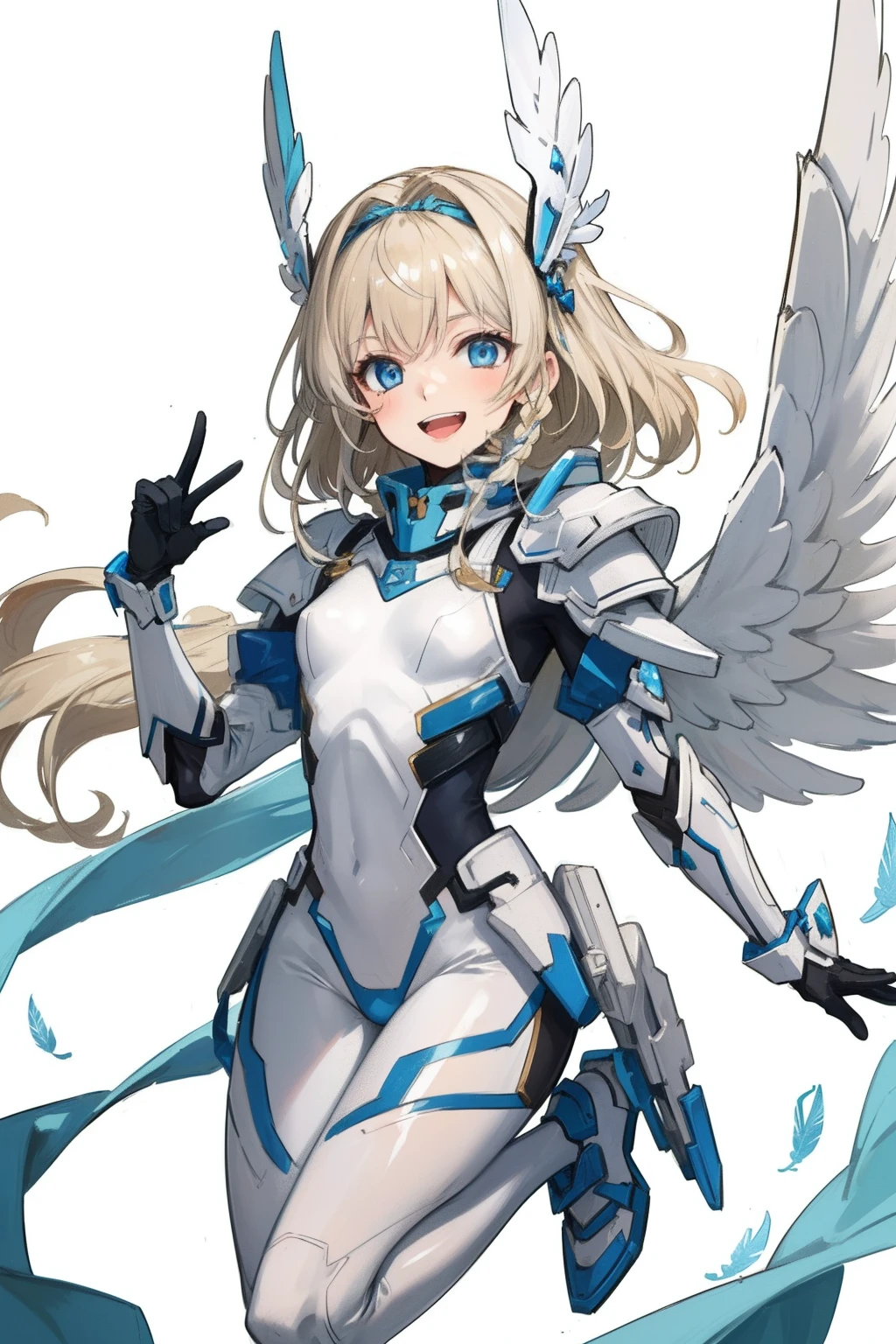 (​master piece, Best Quality),  Intricate details, valkyrie, kawaii, Happy, (((Laugh))), Villainous smile, Hand up, Looking at Viewer, Feather Headgear, Flower meadow, (((flat breast)))  in to the sky, jumping
1 girl in, Solo, Portrait, Plutinum Blonde Hair, drooping iceblue eyes, Silver Single Thigh, White Independent Single Sleeve, iceblue gloves, Single braid, 
 mecha musume, White bodysuit, Silver Reinforced Suit, Mini Feather Wings, iceblue pantyhose, full armor, flower decoration, equip sword,