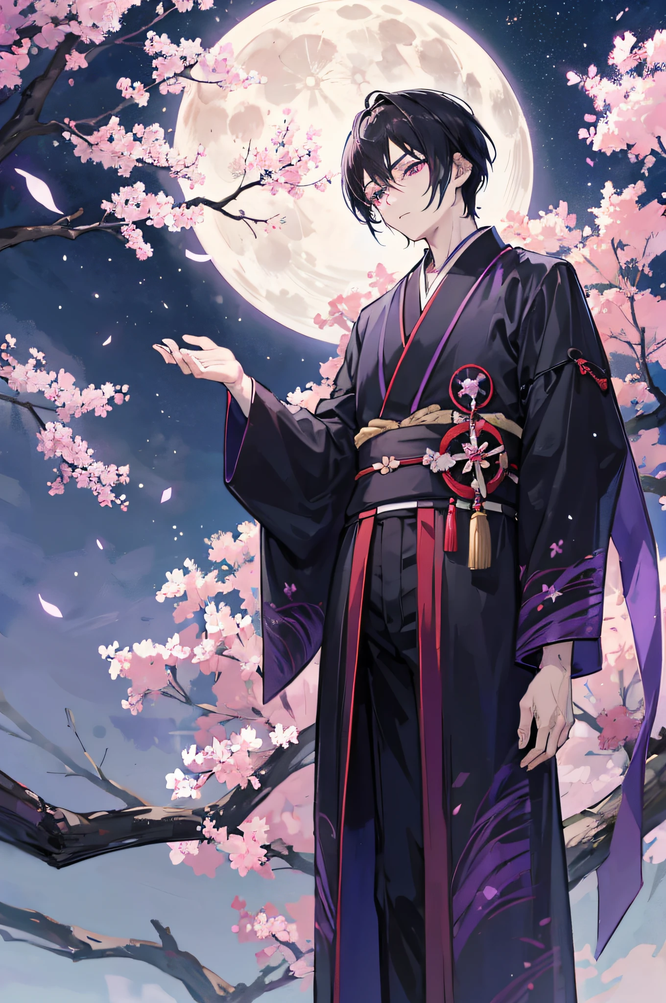 (1 boy) anime character, male, very dark black hair of short length, purple eyes, black eyes, tall, wearing dark-colored kimono with a purple edge, a red scarf, and black shoes, metal pendent, hands together praying, 8k, sad, looking down, Sakura tree, night sky, moonlight