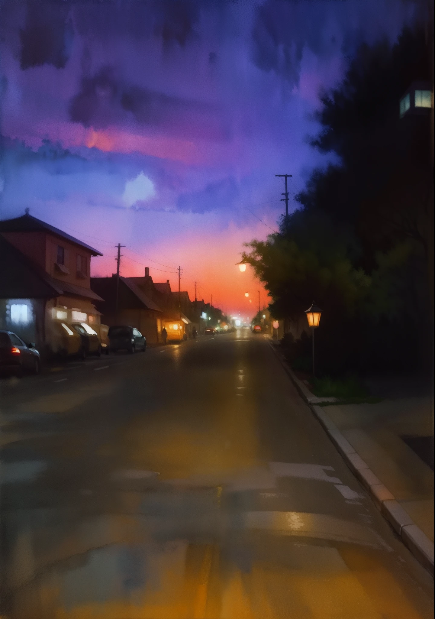 "An asphalt street in a nightfall with many lights and cars, neo-impressionism expressionist style watercolor painting, smooth post-impressionist impasto acrylic painting, watercolor painting