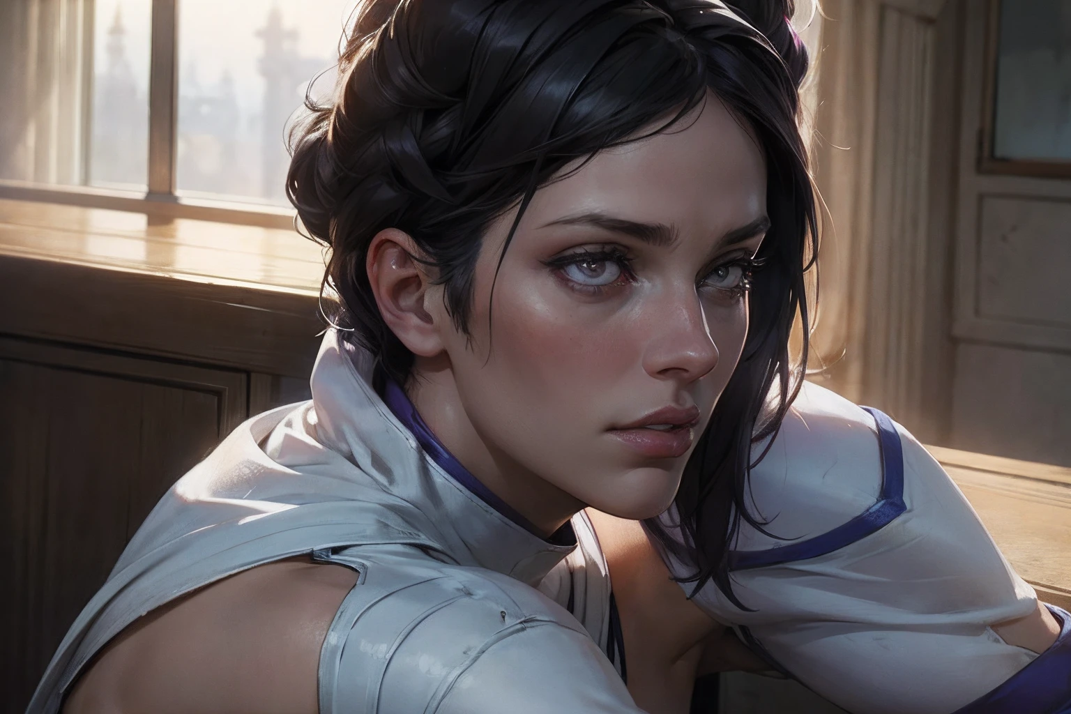 1 girl, Masterpiece, Best quality, 4k resolution, dehors, fonctionnaire, photographier, portrait, From the side, (Realstic, Ultraréalisme, Photo-realism:1.4), detailed background, Detailed face, detailled eyes, Regarder le spectateur, Nuit, coucher de soleil, JuriMS , sfiv, cornes de cheveux, pantalon ample blanc, frange, softlighting, Repos