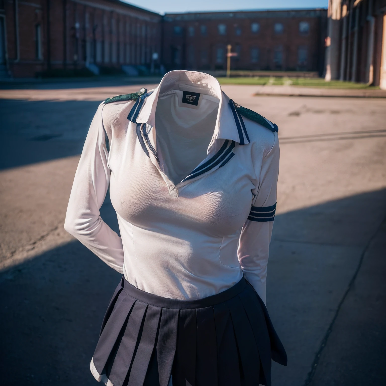 (girls' school uniform:1.7) , (school uniform swells as if worn by invisible girl:1.7),((invisible, no humans:1.7, headless:1.7, handless, legless)), (big breasts:1.7),
(8k, RAW photo, best quality, masterpiece:1.2), (realistic, photo-realistic:1.37),photon mapping, radiosity, ((Hasselblad photography)),physically-based rendering,