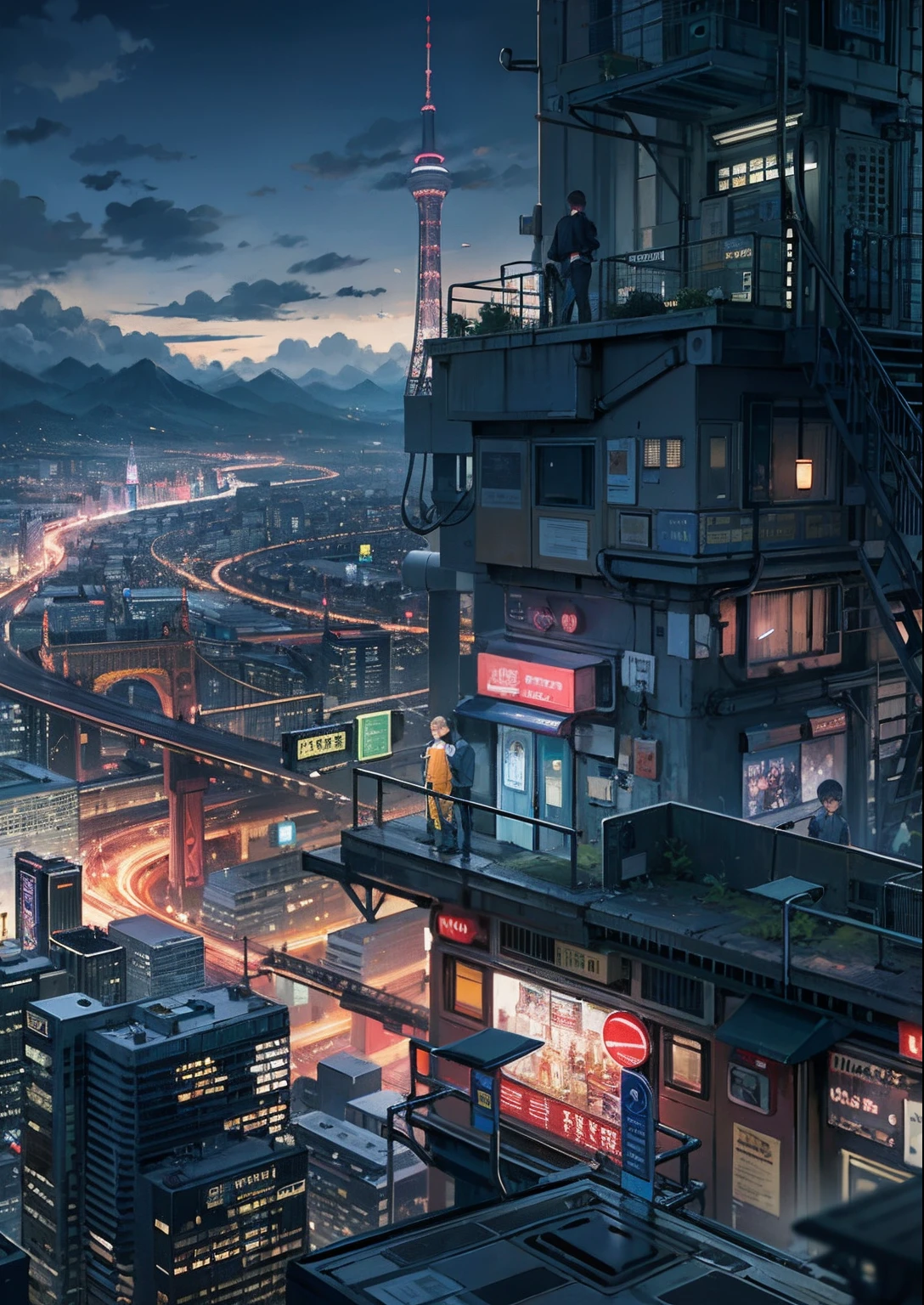 Anime city at night with a man on a ledge overlooking a city - SeaArt AI
