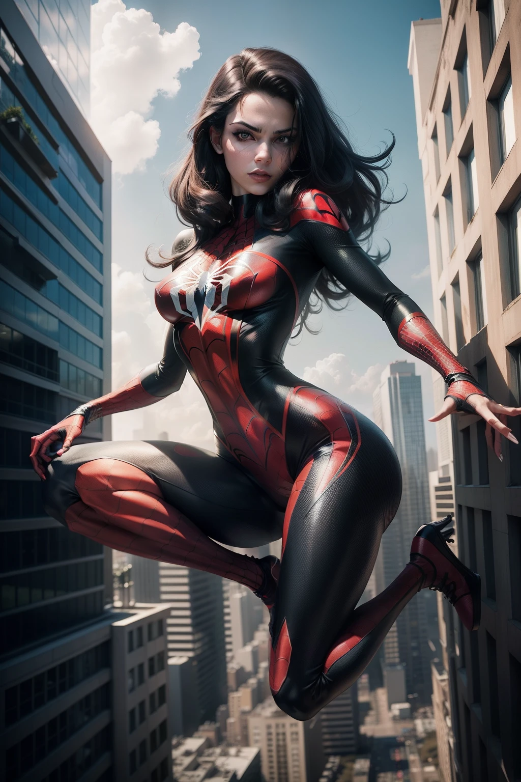 Full body portrait of Spider Woman, on top of a building