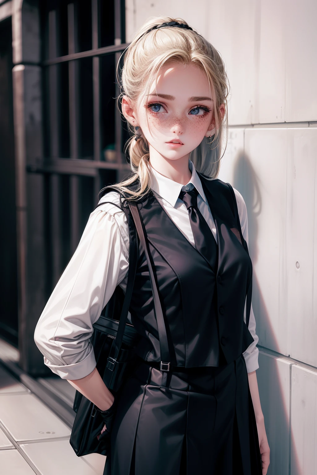 Rosto de uma mulher, americana, anos, pale skin and freckles, olhos cinzas, nariz delicado, soft and delicate lips, cabelo blondie cinza ponytail