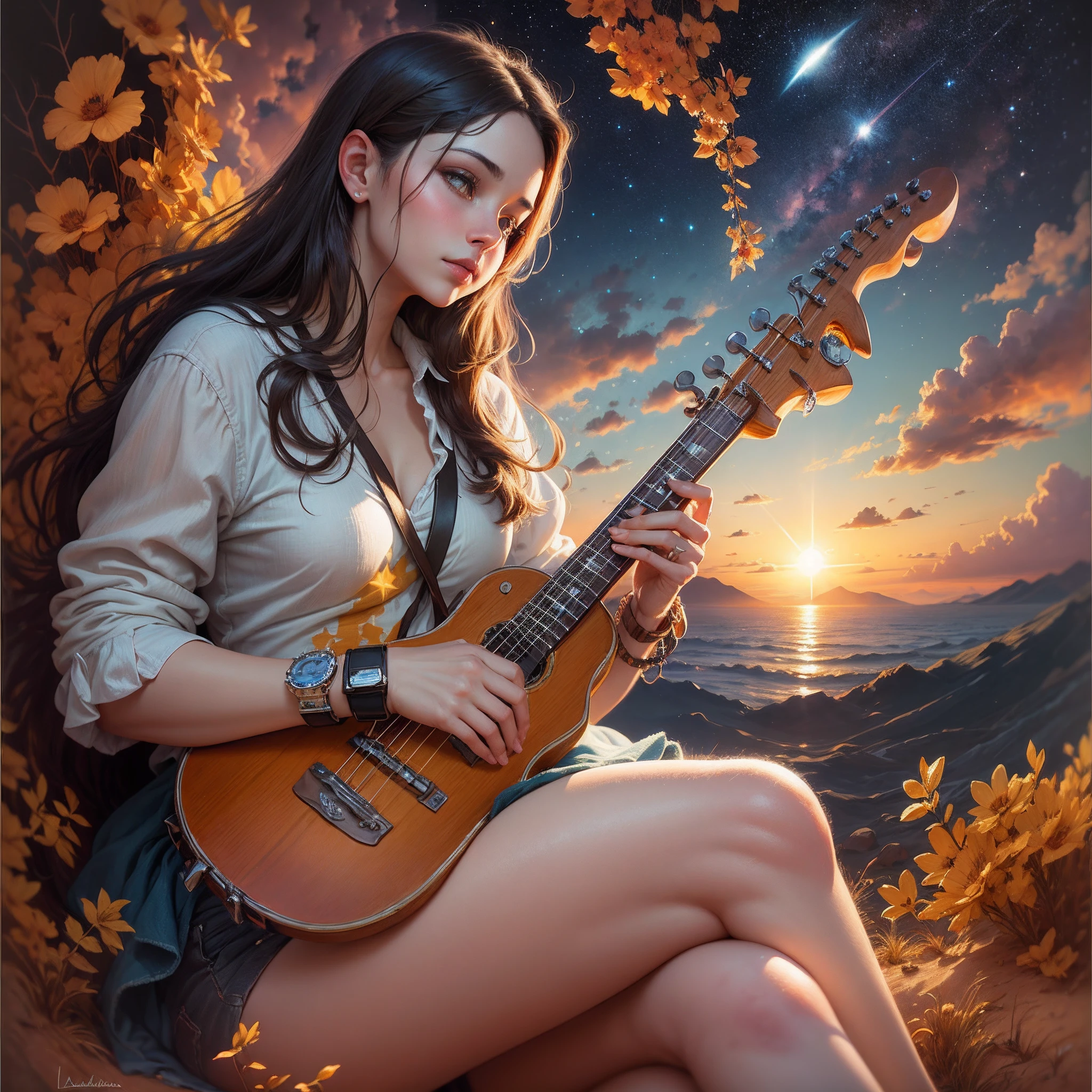 um anjo tocando trombeta, ao lado de um homem feito de estrelas e universo, A Melted Watch, sun sunset, nuvens brilhantes, montanhas ao fundo, oil-painting, realismo, pintura renascentista. --auto --s2