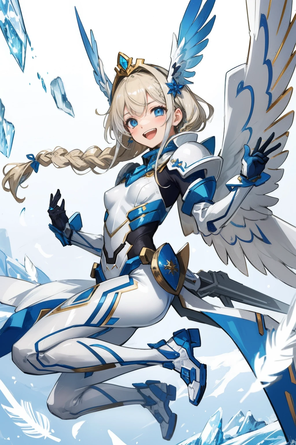 (​master piece, Best Quality),  Intricate details, valkyrie, kawaii, Happy, (((Laugh))), Hand up, Looking at Viewer, Feather Headgear, Flower meadow, (((flat breast)))  in to the sky, jumping
1 girl in, Solo, Portrait, Plutinum Blonde Hair, drooping iceblue eyes, Silver Single Thigh, White Independent Single Sleeve, iceblue gloves, Single braid, 
 mecha musume, White bodysuit, Silver Reinforced Suit, Mini Feather Wings, iceblue pantyhose, full armor, flower decoration, equip sword,