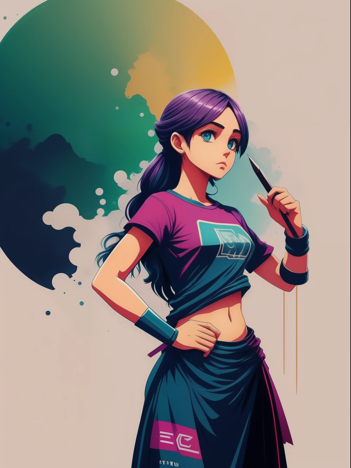 uma elfa estudando, Arte da camiseta 2D, RPG, epic illustration, vetor, 2d illustration, fundo preto, muito colorido, cores modernas full gradient, concentrado, Front view