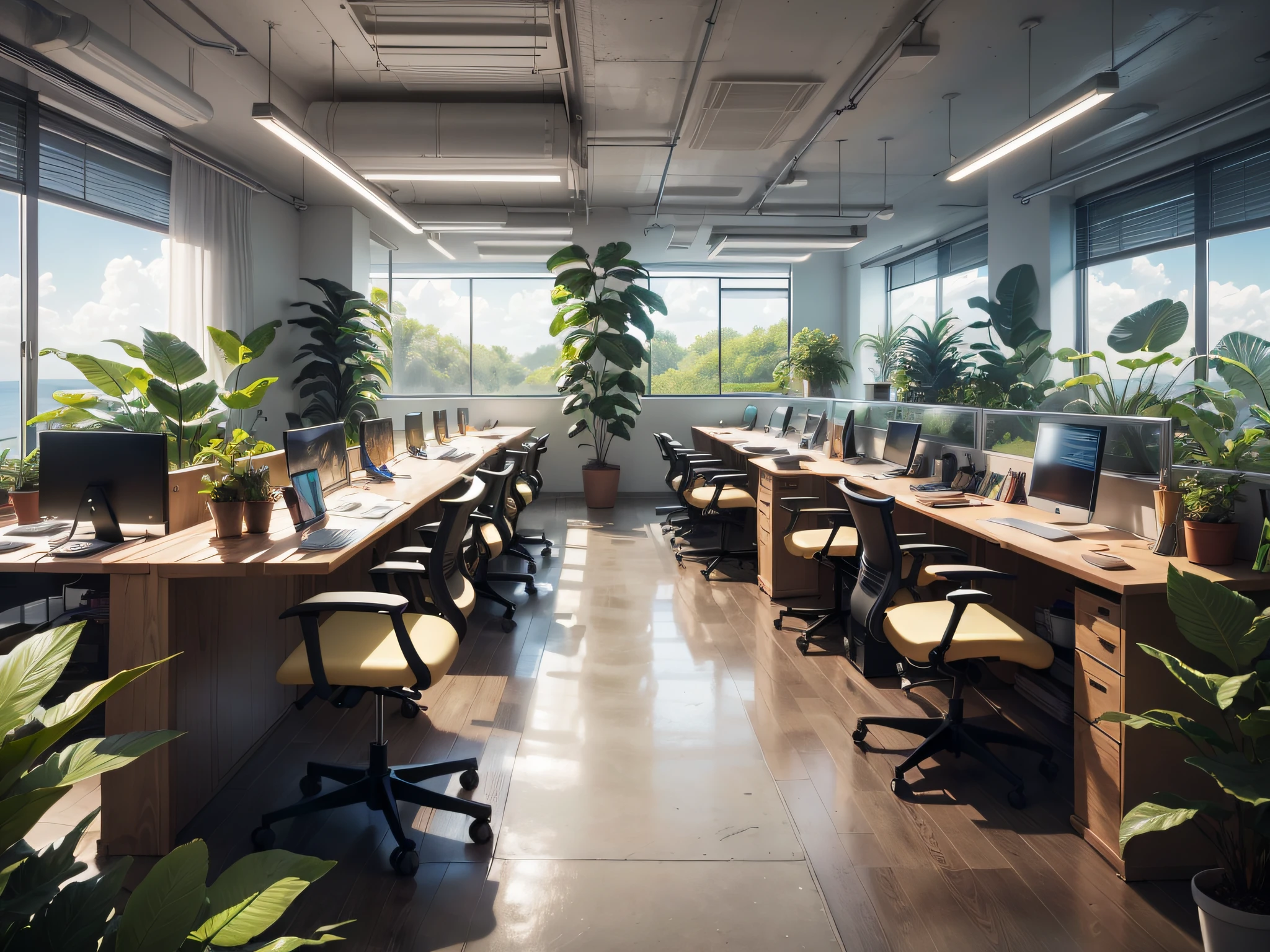 A bustling open-space office designed to harmonize productivity and natural elements. The large room is dotted with several table islands, Each equipped with sleek computers and high-resolution screens, onde as equipes colaboram perfeitamente. Em meio ao burburinho produtivo, An abundance of vibrant flowers and verdant plants are carefully placed, infusing the space with a refreshing touch of nature. Delicate orchids and cascading vines add a touch of color to workstations, while strategically placed aquariums with graceful fish create a sense of tranquility and wonder. Ample natural light floods through the large windows, casting a soft glow over the meticulously arranged tables. Entretanto, Carefully positioned adjustable luminaires ensure an ideal working environment, providing optimal lighting for focused tasks. Esta mistura meticulosamente selecionada de funcionalidade, beleza natural, e tecnologia de ponta cria uma atmosfera inspiradora e revigorante, promover a produtividade e o bem-estar. com o nome Rc.ofertas