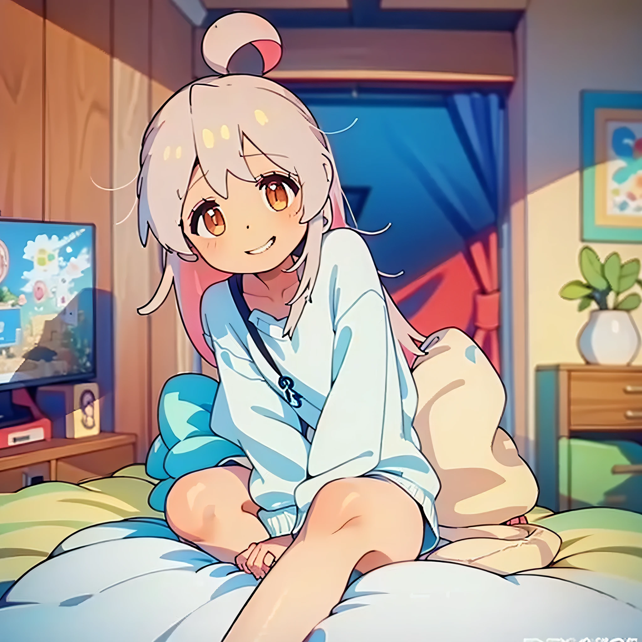 bare legs, bedroom, better quality, correct anathomy body, high, indoors, sit in bed, smilling, oversized white shirt