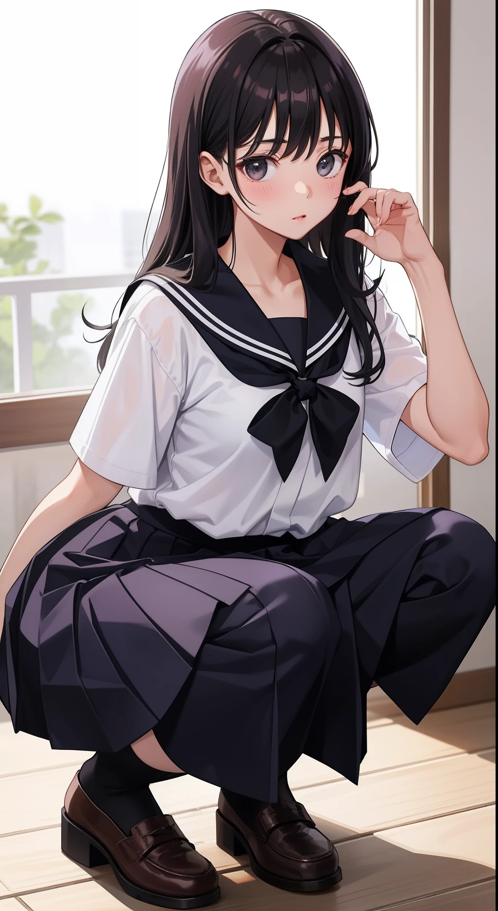 1girl in、AS-Adult、The shirt、skirt by the、(small tits)Chilarism、Japan High School Student Uniform、serafuku、summer clothing、(Sheer Bra)、Upper body portrait、Squatting panchira、