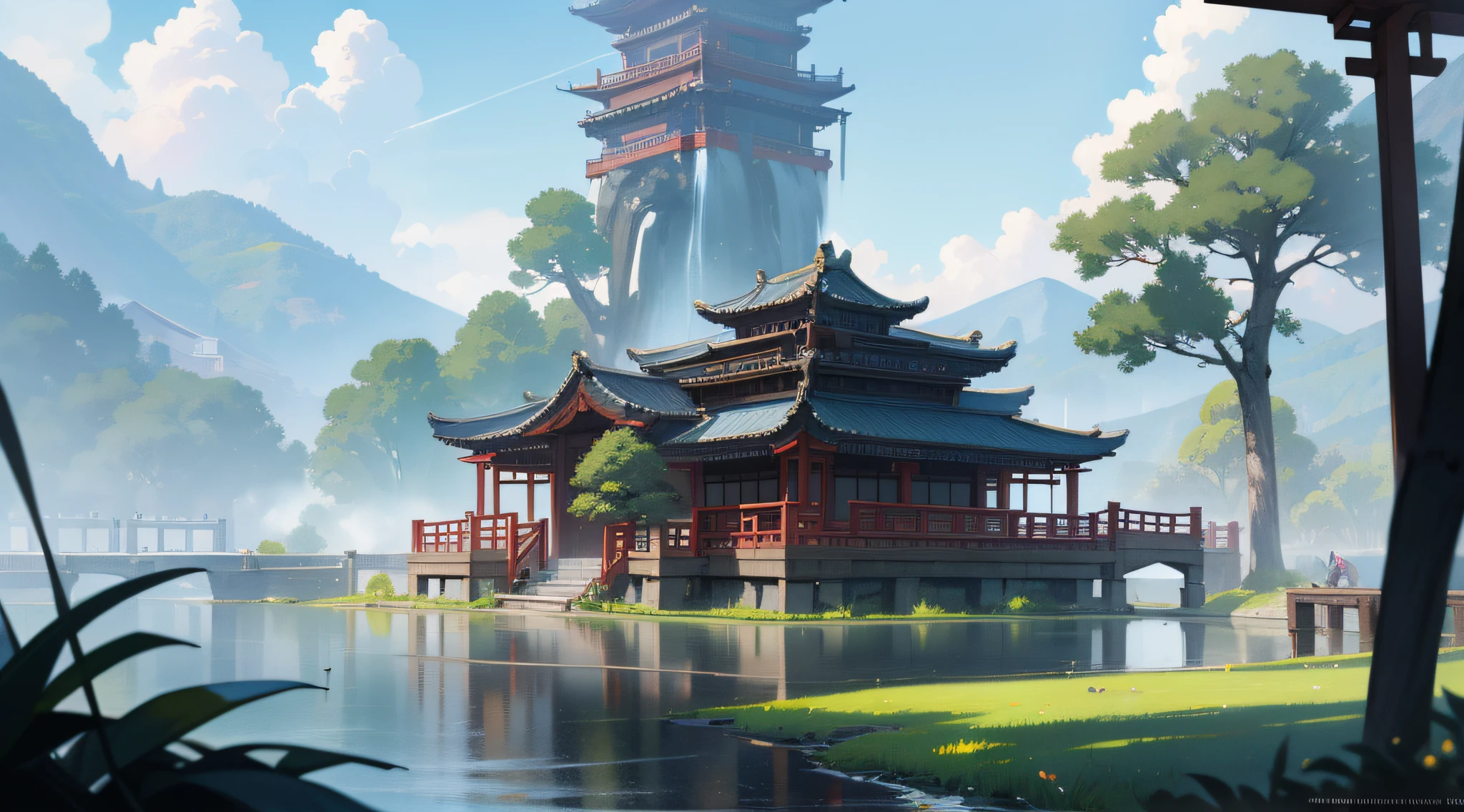 Masterpiece, best quality, high quality, extremely detailed CG unity 8k wallpaper, classical Chinese garden, landscape, amsterdam, pedestrian, outdoor, sky, daytime, landscape, water, tree, blue sky, waterfall, nature, lake, river, cloudy sky, award winning photography, bokeh, depth of field, HDR, bloom, chromatic aberration, realism, very detailed, trends on artstation, trends on CGsociety, intricate, high detail, dramatic, Midjourney art