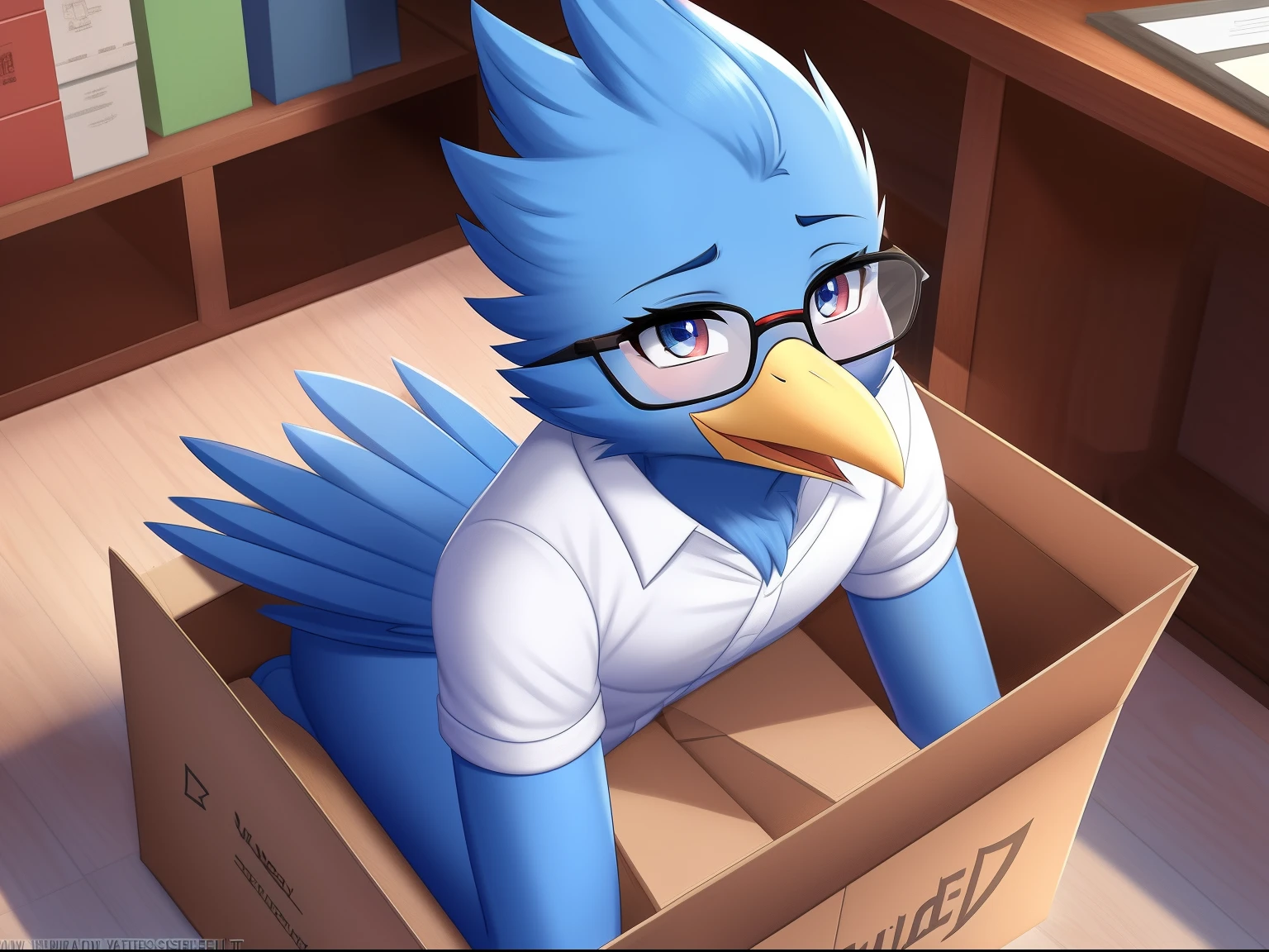 Berdly from Deltarune, professional art made by twistedscarlett60, 1boy, solo, male, avian, bird, blue body, blue feathers, feathery, blue skin, artist:twistedscarlett60, nerd, glasses, white shirt, box, inside box, kneeling, looking up, from above, perspective, thick thighs