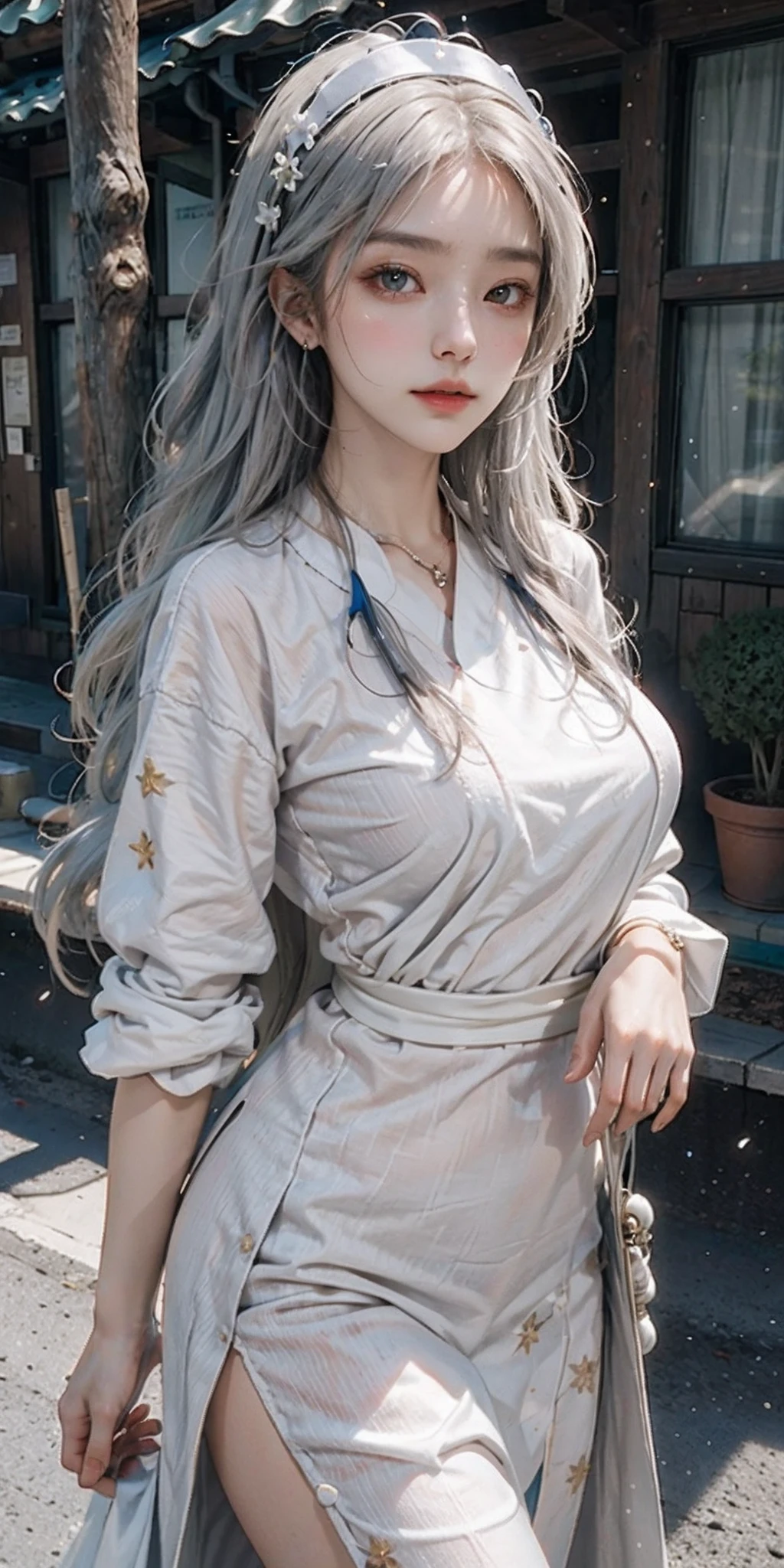 (1girl in:1.3)、独奏、__body-parts__、Official art、unity 8k wall paper、ultra-detailliert、Beautifully Aesthetic、Beautiful fece、White hair、Colossal tits、​masterpiece、top-quality、Fantastic atmosphere、Calm palette、Engaging pose、Calm mood、Soft shading、Nurse、Charm spelling、Duties of a nurse、Gorgeous Jewelry