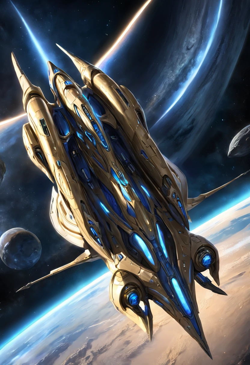 nave espacial banhada a marfim branco e dourado como a Starcraft Protoss, spacecraft with two wings flying in the sky at night, Escuro ( spaceship ), nave espacial scifi, nave espacial fantasia dos desenhos animados, nave espacial futurista, alien space ship flying in space, nave espacial longe no fundo, spaceship in dark space, nave estelar futurista, nave espacial detalhada, vista de cima para baixo