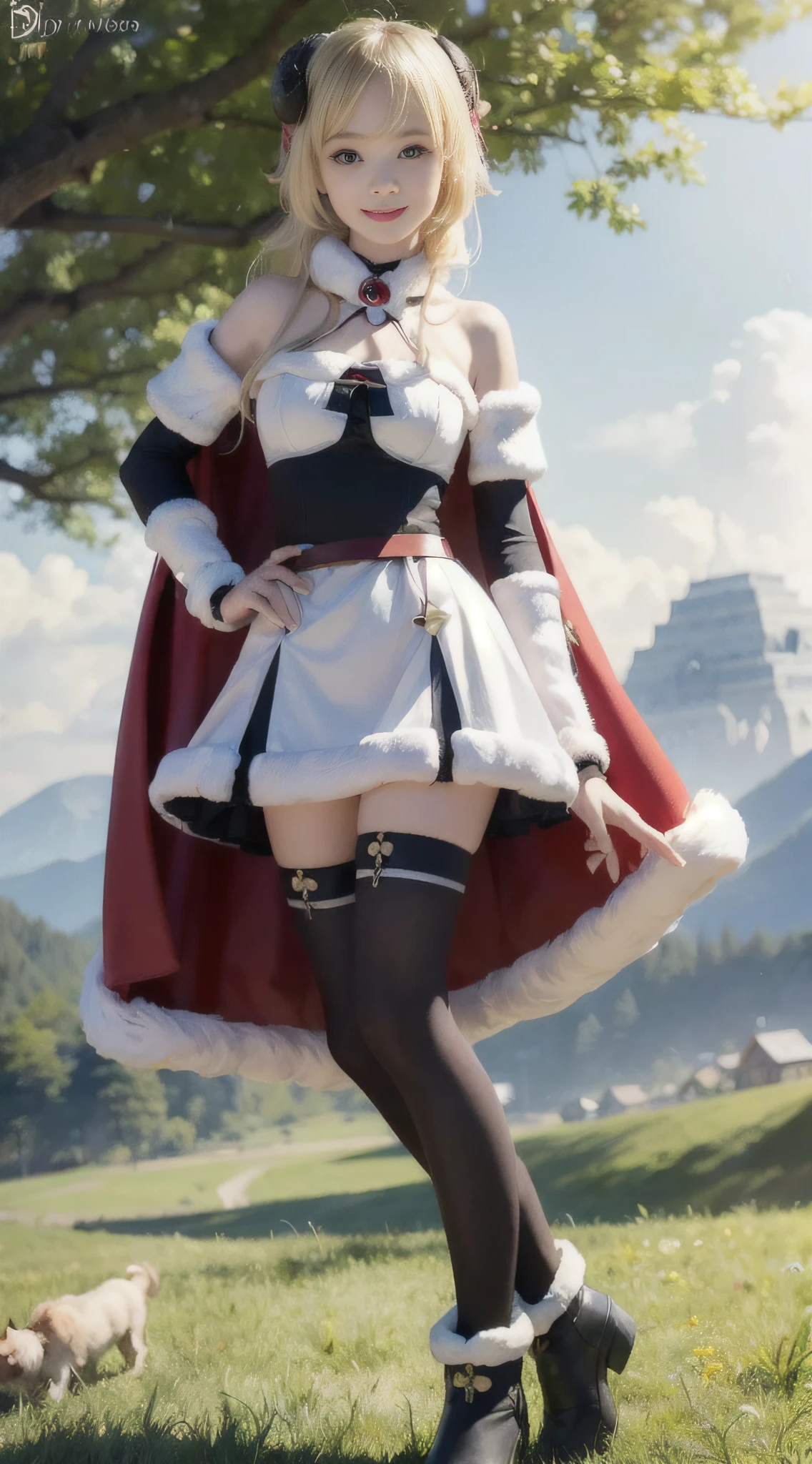 Tsunomaki Watame, long hair, WatameBase, fur-trimmed dress, white dress, bare shoulders, fur-trimmed sleeves, hairclip, cape, belt pouch, brooch, fur-trimmed boots, hands on hips, hill, plains, green, nature, smile, looking at viewer, sitting