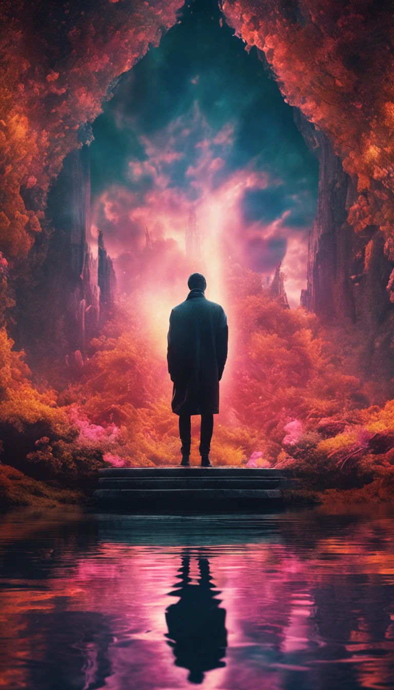 A cinematic figure in meditation, surrounded by natural elements and lighting symbols, transmitindo a ideia de profundidade, Self-conscious reflection