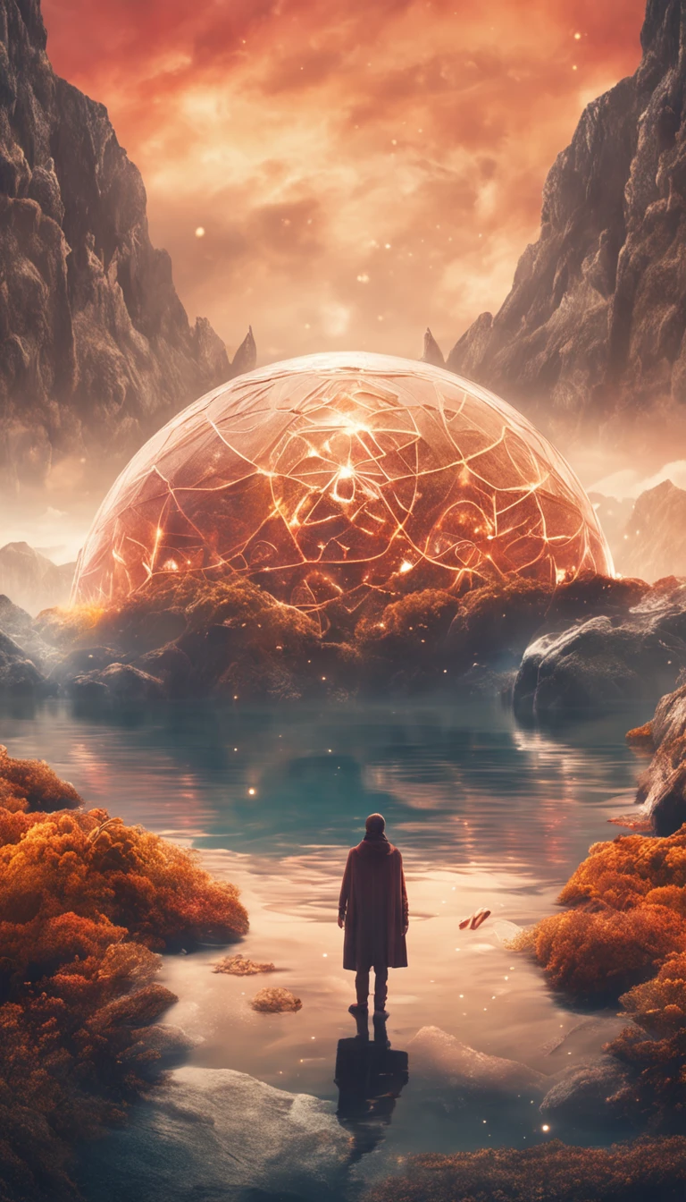 A cinematic figure in meditation, surrounded by natural elements and lighting symbols, transmitindo a ideia de profundidade, Self-conscious reflection