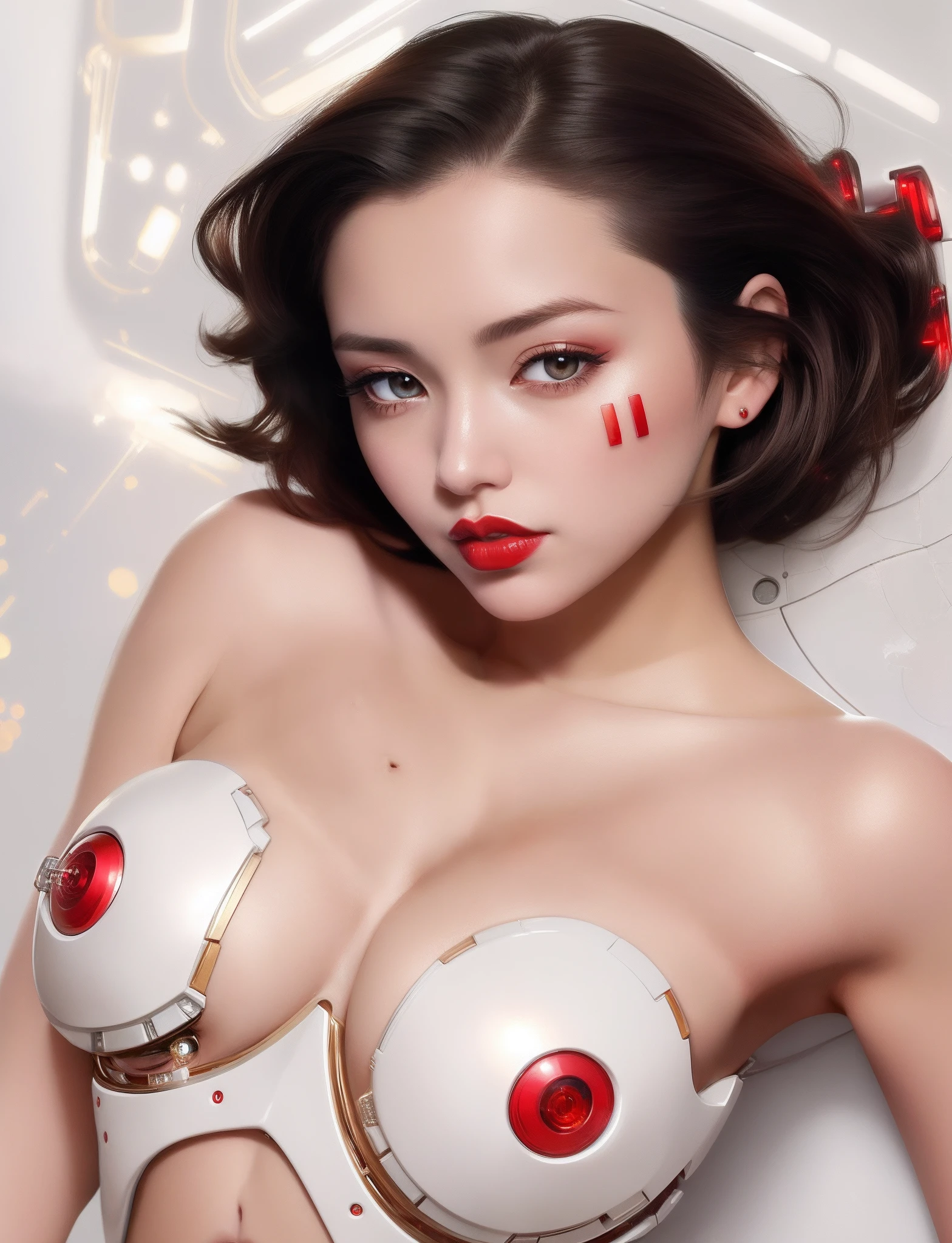 arafed woman with a white and red bra and red lipstick, cute cyborg girl, beutiful girl cyborg, beautiful cyborg girl pinup, beutiful white girl cyborg, ilya kuvshinov and artgerm, cyborg girl, cyborg - girl, perfect anime cyborg woman, porcelain cyborg, artgerm and ilya kuvshinov, rossdraws 1. 0