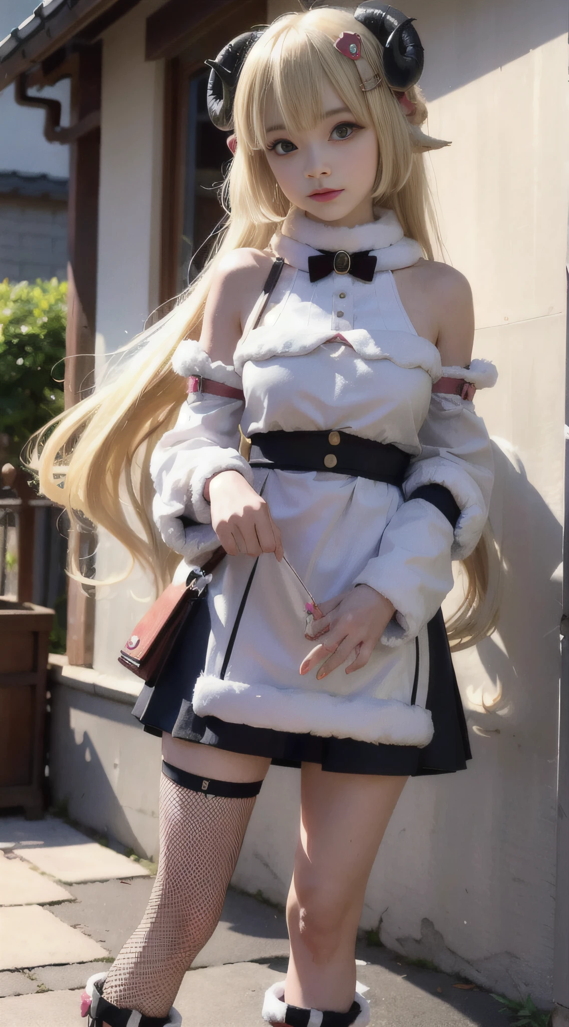 masterpiece,highres,best quality,(tsunomaki watame:1.1),fur-trimmed dress,blonde hair,long hair