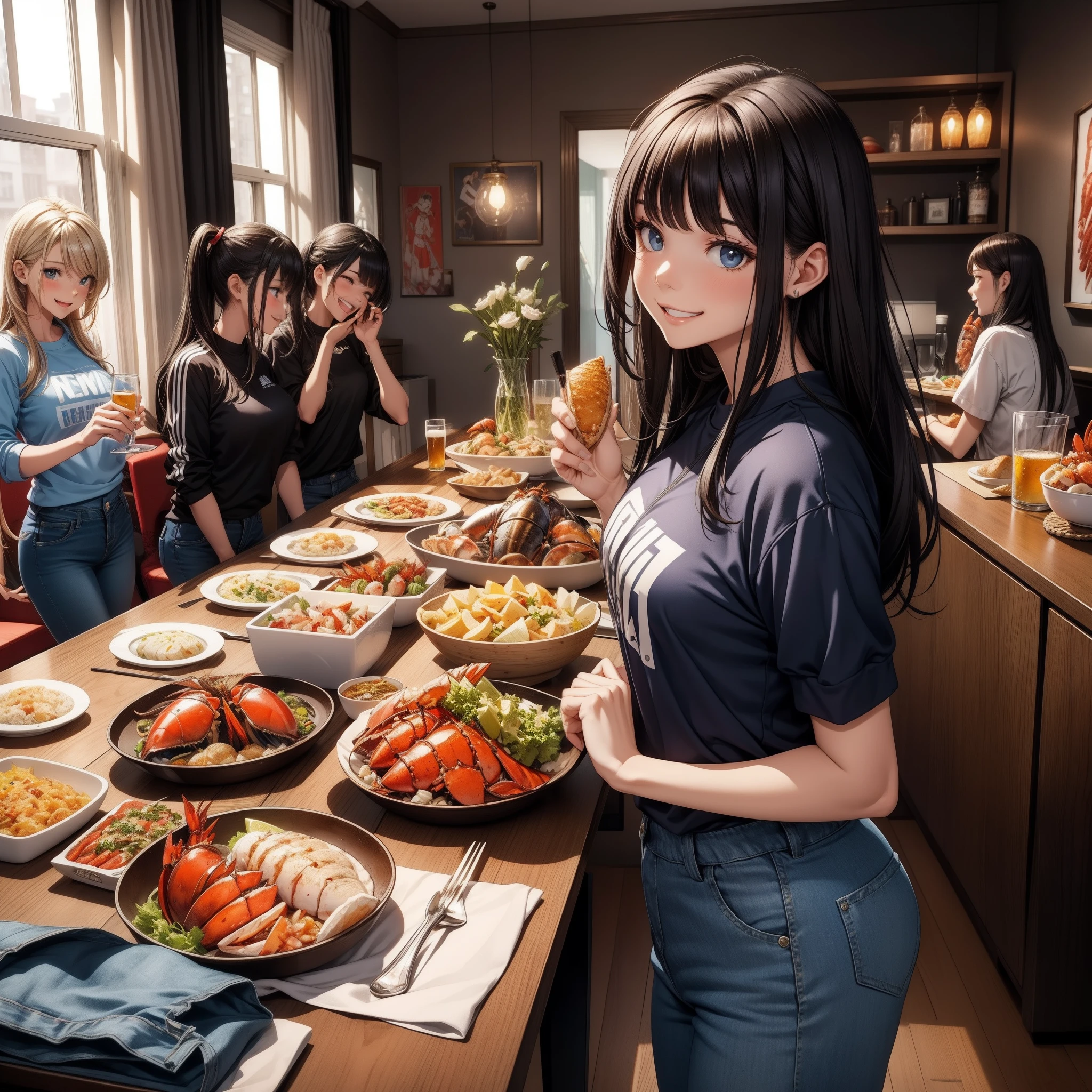 Best quality,tmasterpiece,Beutiful women,track suit,Inside a private apartment,Several people ate a happy meal,Sit at the same big dining table,A variety of seafood dishes are served at the table,Large lobster,huge crab,Big fish,One person eats crabs,A man eats a large lobster,A man drinks beer,short- sleeved,denim pant,Everyone was happy,having fun,Laughing heartily,a joyful atmosphere,Modern room,