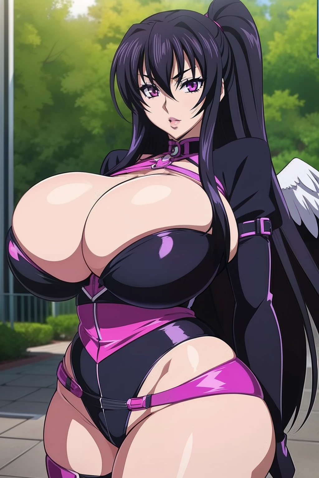 Highschool dxd, Raynare, 1girl, ((bimbo))), long black hair, purple eyes, puffy lips, painted lips, thick lips, wide hips, thick thighs, enormous natural breast, huge ass, erotic kiss face, fallen angel outfit, perky , shiny skin, breasts squeezed together, enormous huge natural breasts,