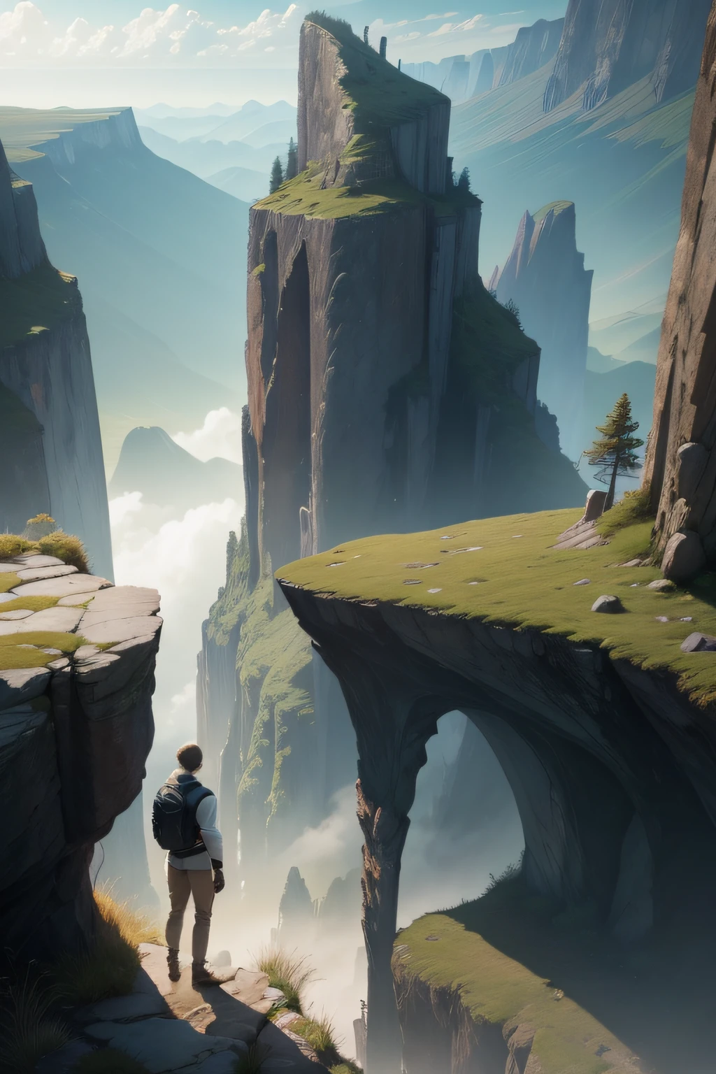 A light skinned man who just started a grand adventure and is looking off into the distance while standing on a cliff, image showing mans back and the landscape