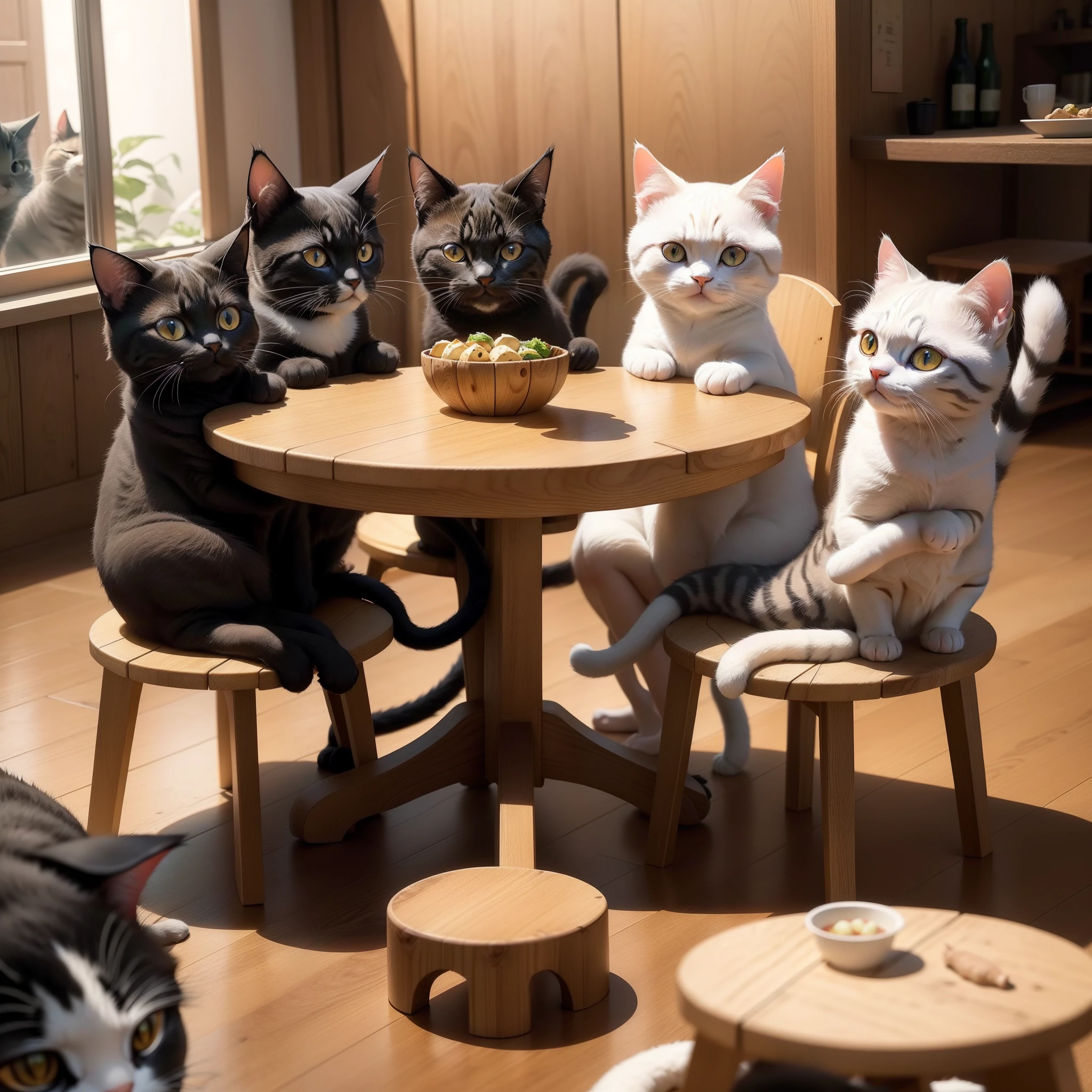 A group of cute cats sitting at the table. The table is a round wooden table,The cat shows its head and paws on the table,The table is huge,There must be beer bottles on the table, Juice cup,One dragon steamed bun, Braised tofu, Ramen,, The cat has a lively expression, Their color is mainly light tones,Cats are realistic real cats