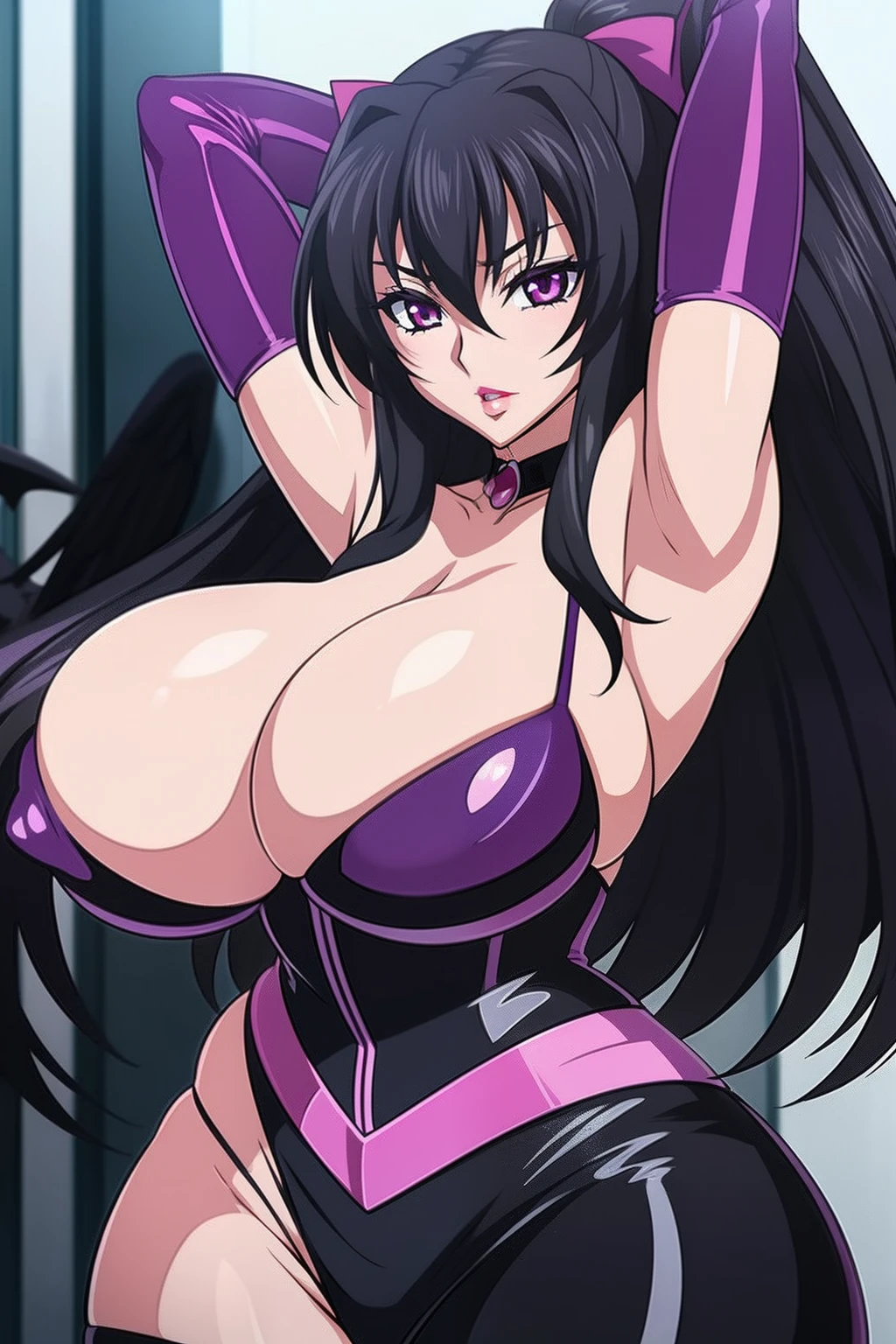 Highschool dxd, Raynare, 1girl, ((bimbo))), long black hair, purple eyes, puffy lips, painted lips, thick lips, wide hips, thick thighs, enormous natural breast, huge ass, erotic kiss face, fallen angel outfit, perky , shiny skin, breasts squeezed together, enormous huge natural breasts,