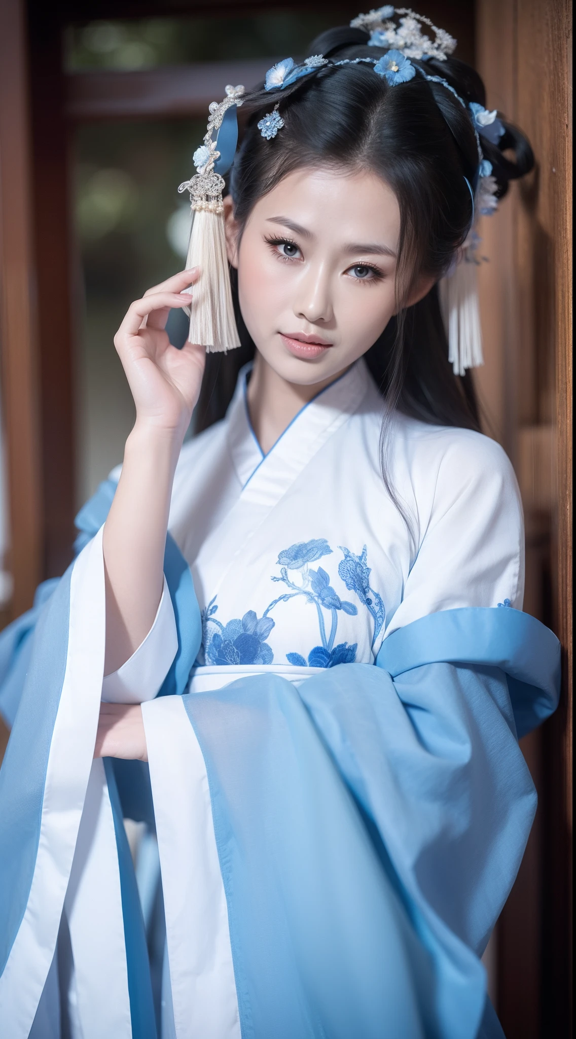 Blue and white porcelain style，Ancient Chinese clothing，The clothing is blue and white motif，ancient china art style，Fashion model 18 years old [[[[closeup cleavage]]]], [[[[boobgasm]]]], [[[[coll]]]], [[[[bshoulders]]]], perfect  eyes, Perfect iris，Perfect lips，perfect teeth，Perfect skin，with fair skin，Soft front light，hdr，Movie girl，long whitr hair，The expression was melancholy，The background is outdoor，White powder wall，Light blue flowers，4K Ultra HD, 超高分辨率, (Photorealistic: 1.4), Best quality，Masterpiece，Utra dilution，（pastel colour：1.2）