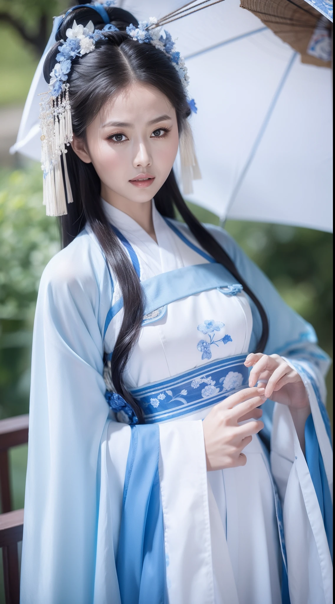 Blue and white porcelain style，Ancient Chinese clothing，The clothing is blue and white motif，ancient china art style，Fashion model 18 years old [[[[closeup cleavage]]]], [[[[boobgasm]]]], [[[[coll]]]], [[[[bshoulders]]]], perfect  eyes, Perfect iris，Perfect lips，perfect teeth，Perfect skin，with fair skin，Soft front light，hdr，Movie girl，long whitr hair，The expression was melancholy，The background is outdoor，White powder wall，Light blue flowers，4K Ultra HD, 超高分辨率, (Photorealistic: 1.4), Best quality，Masterpiece，Utra dilution，（pastel colour：1.2）