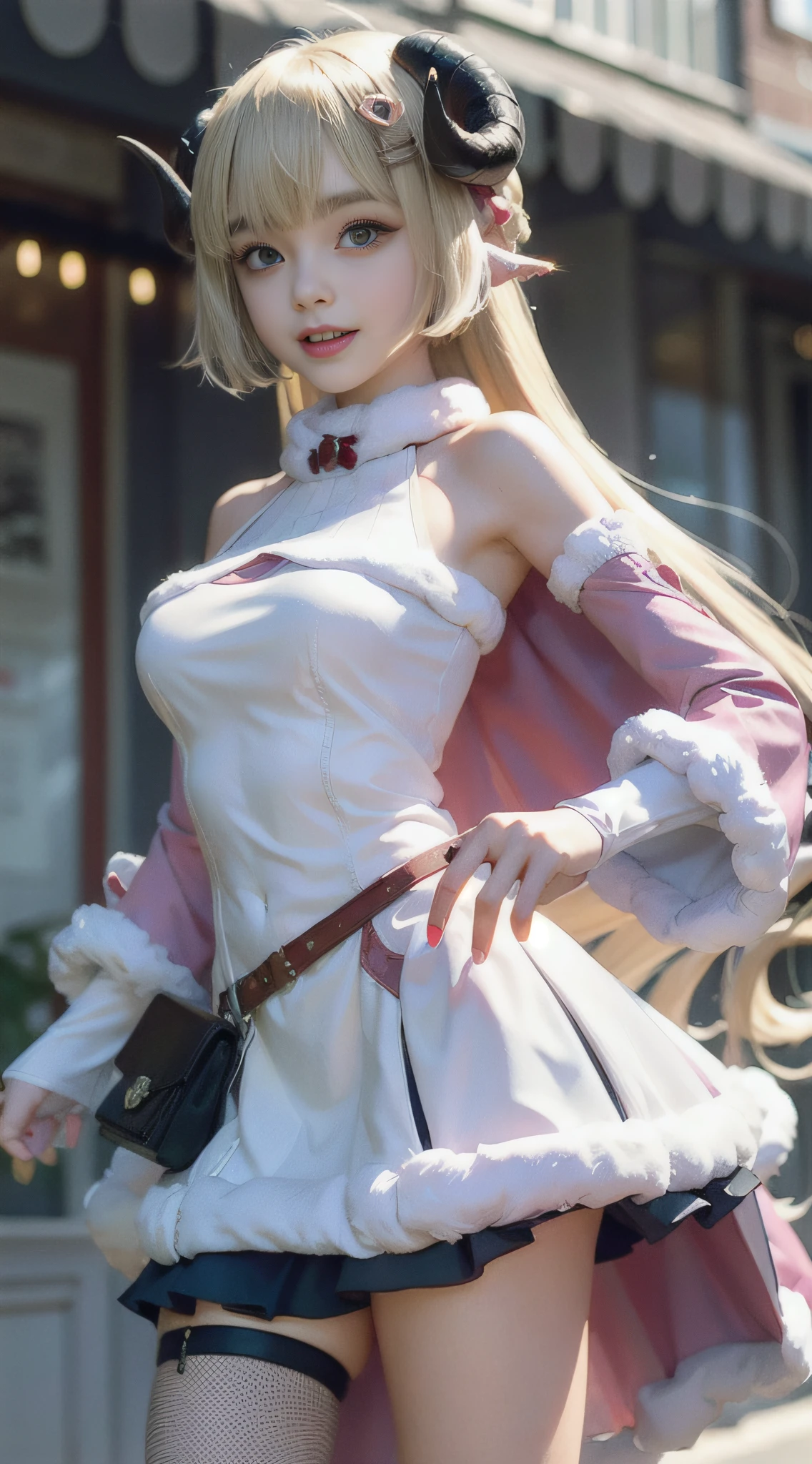 2d, masterpiece, best quality, anime, highly detailed eyes, highly detailed face, (cowboy shot), 1 girl, solo, standing, studio background, black background, light blush, smile, watame, tsunomaki watame, hololive, virtual youtuber, blonde hair, purple eyes, horns, ram horns, long hair, mature, wide hips, medium breasts, white dress, fur-trimmed dress, detached sleeves, white sleeves, pink accents, cape, smile, look at viewers, city, pose
